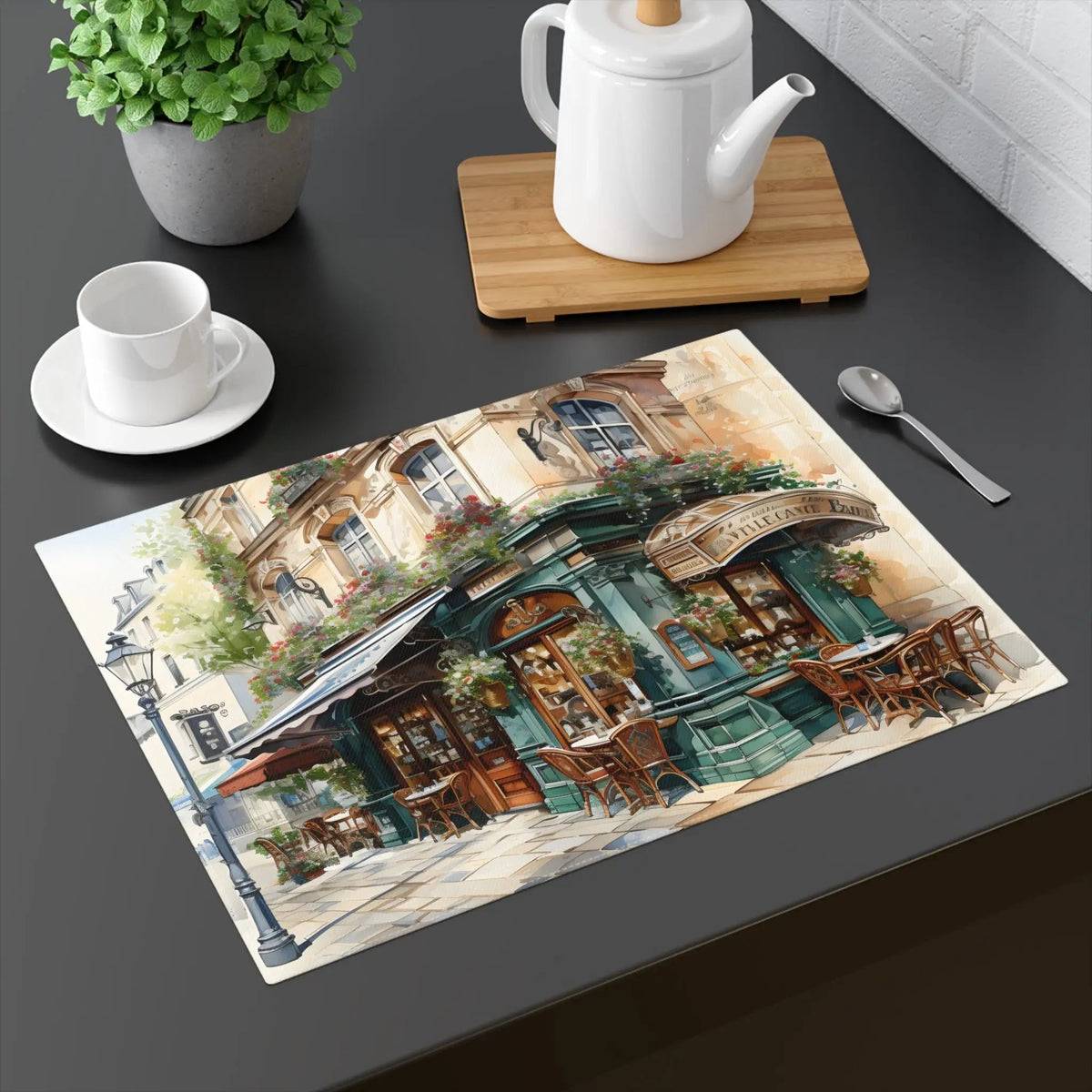 Placemat | a painting of a coffee shop on a table