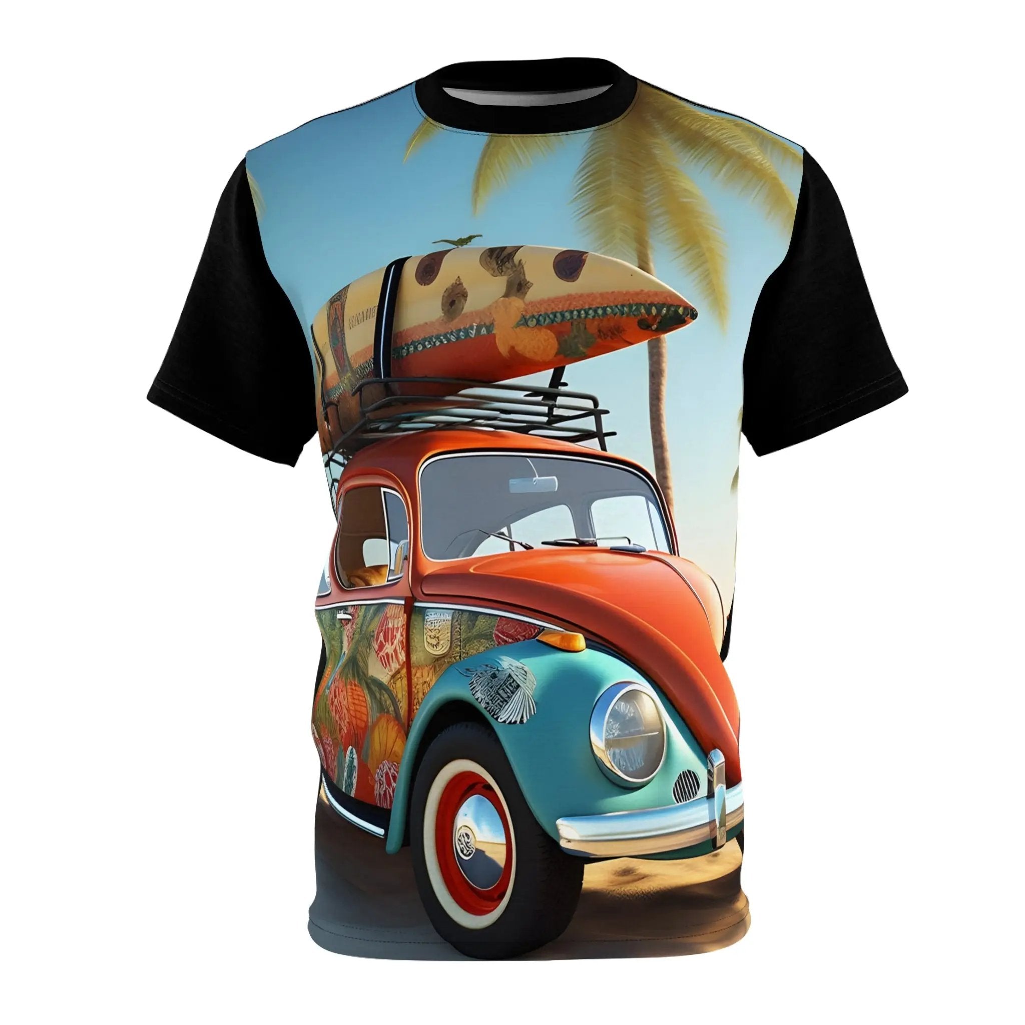 vintage shirt | a van with a surfboard on top of it