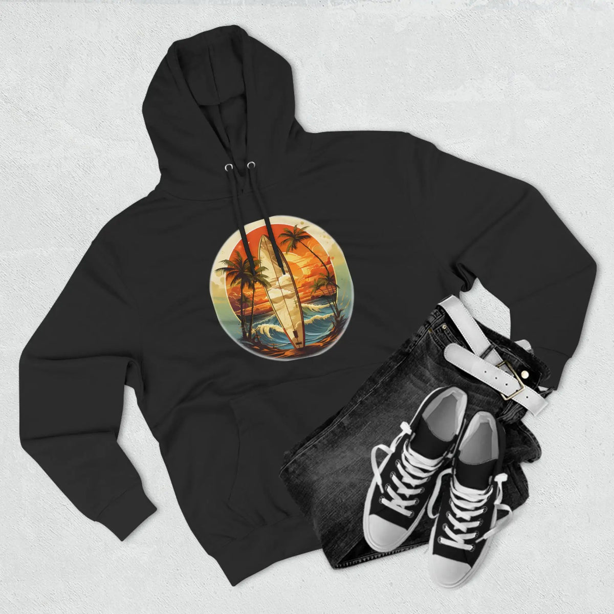 pullover hoodie | a black hoodie with a picture of a palm tree and a surfboard