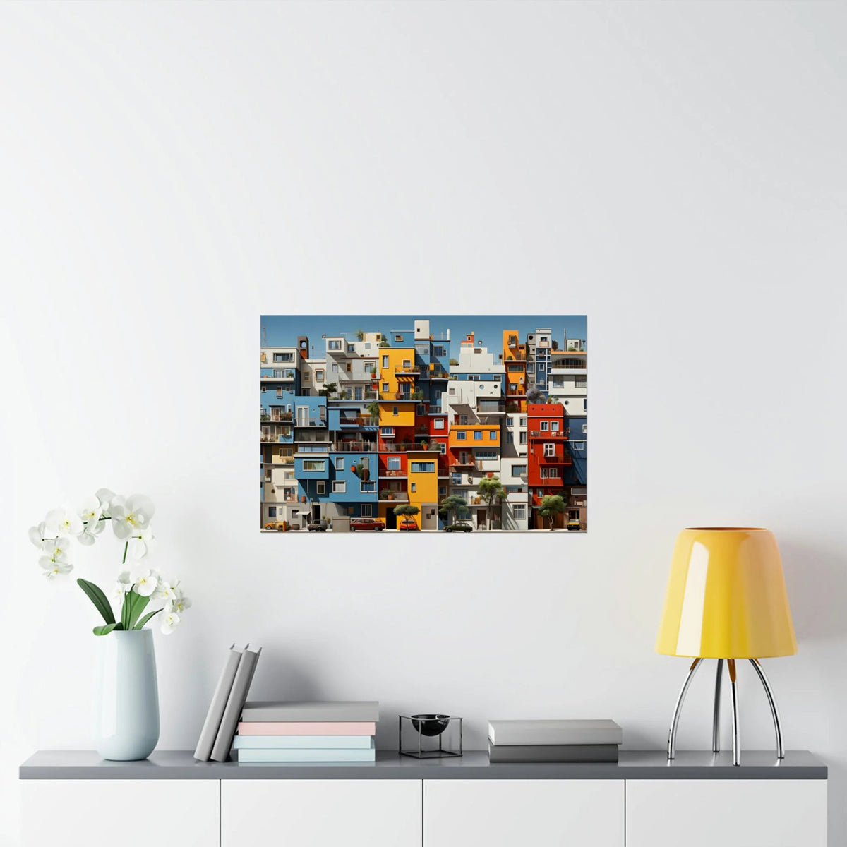 Kawaii Posters | a white wall with a painting of a cityscape