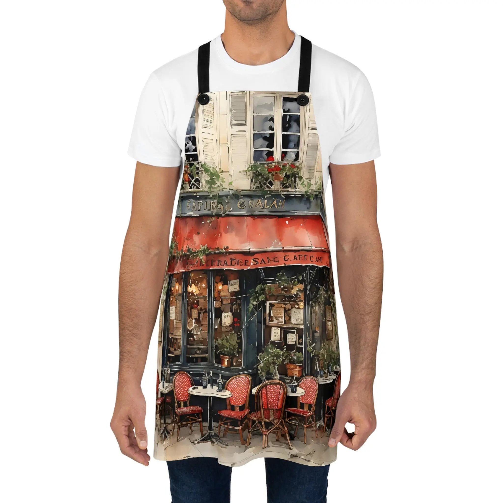 Chef Apron | a man wearing an apron with a picture of a restaurant