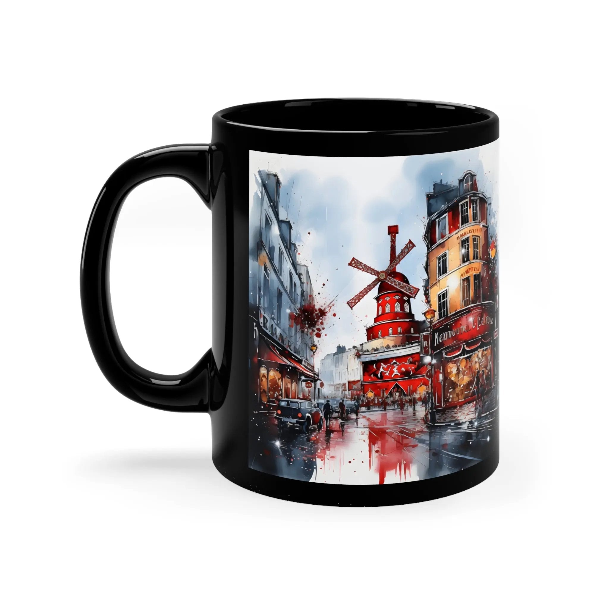 Mugs coffee | a black coffee mug with a picture of a windmill on it