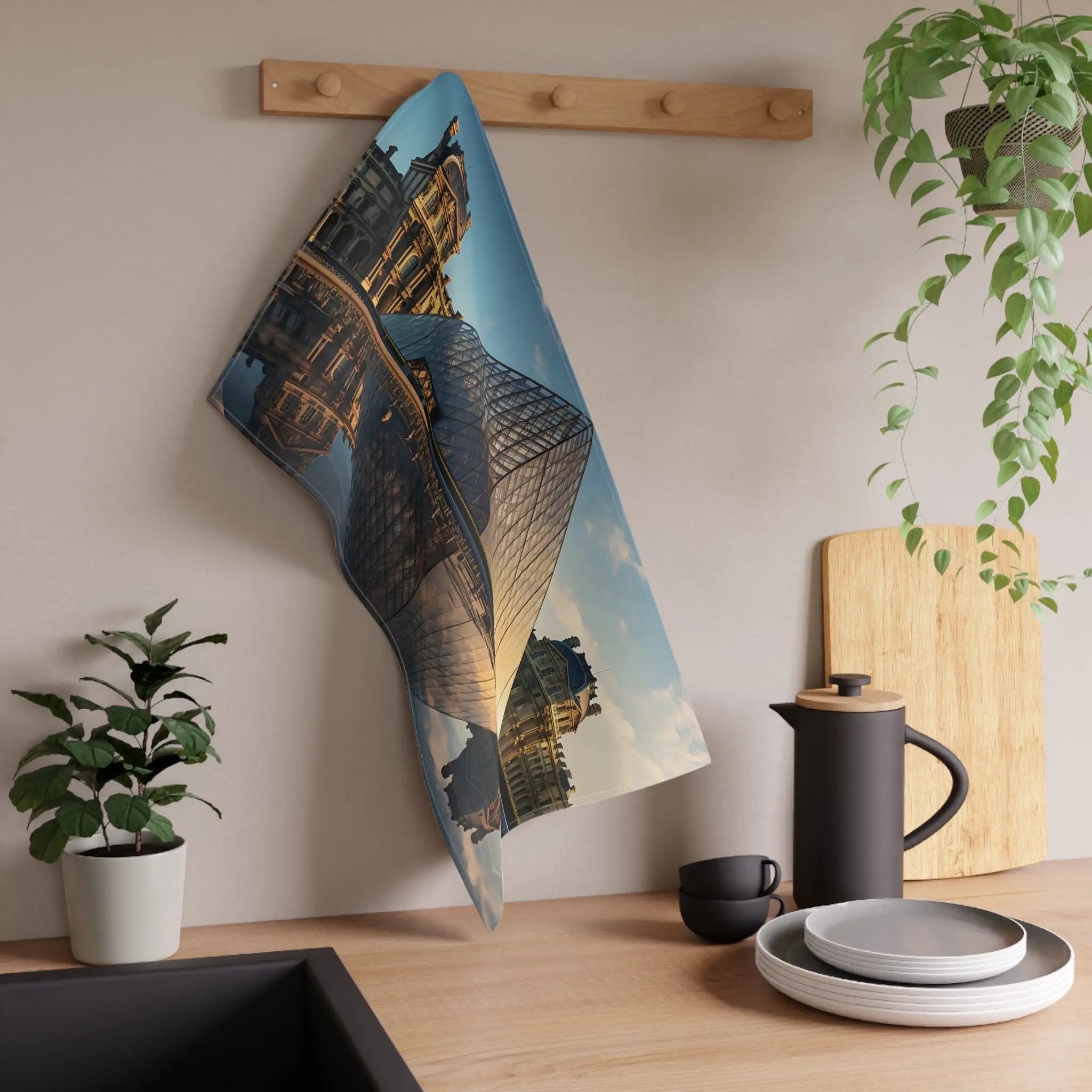 Kitchen Towel | a tea towel hanging on a wall next to a potted plant