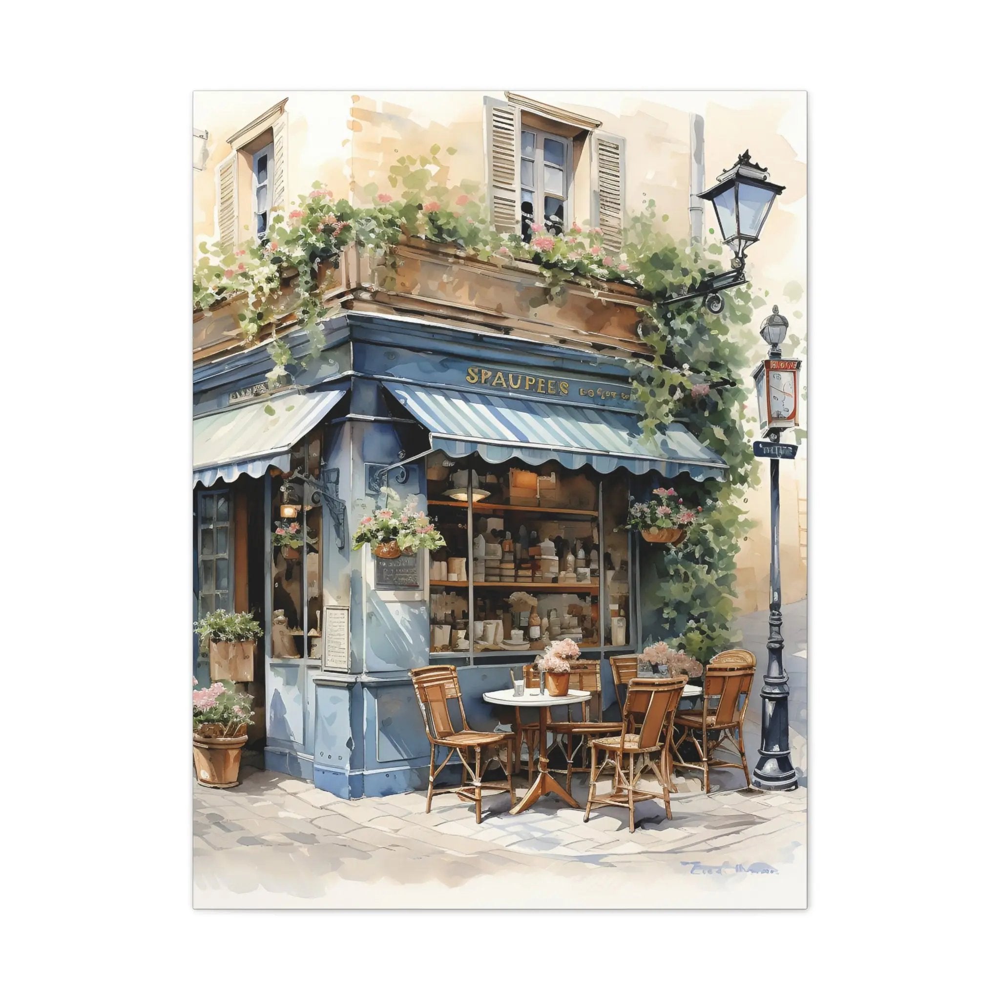 Canvas Gallery Wraps | a painting of a restaurant with a blue awning