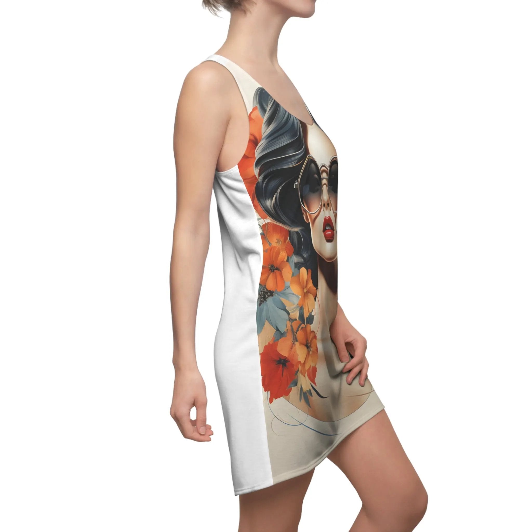 Woman summer dress | a woman wearing a dress with a picture of a woman on it