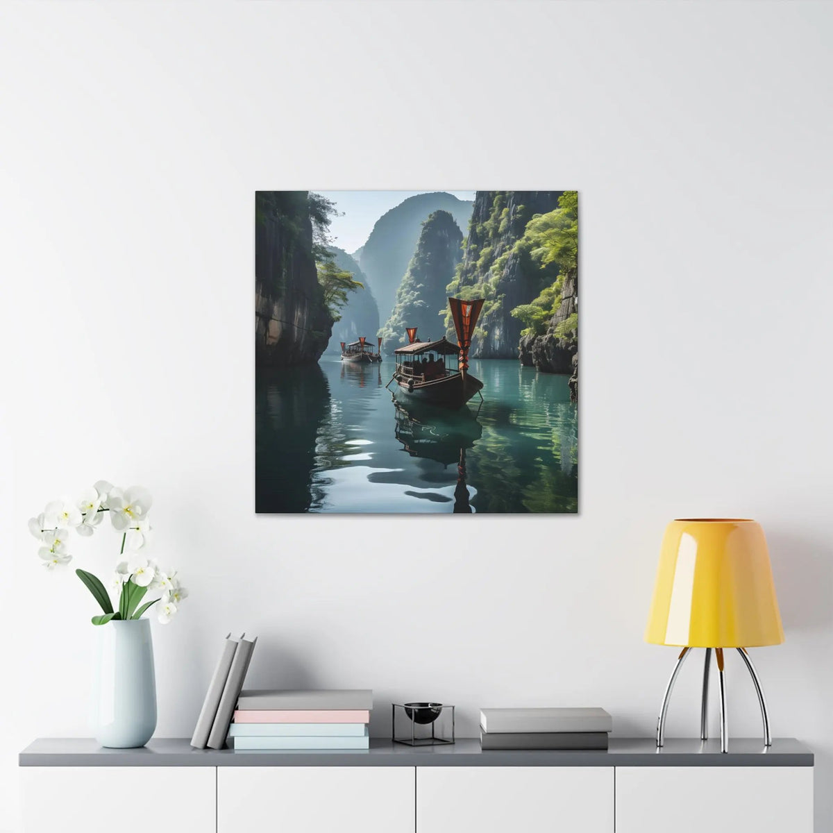 Canvas Gallery Wraps | a painting of a boat on a river with mountains in the background