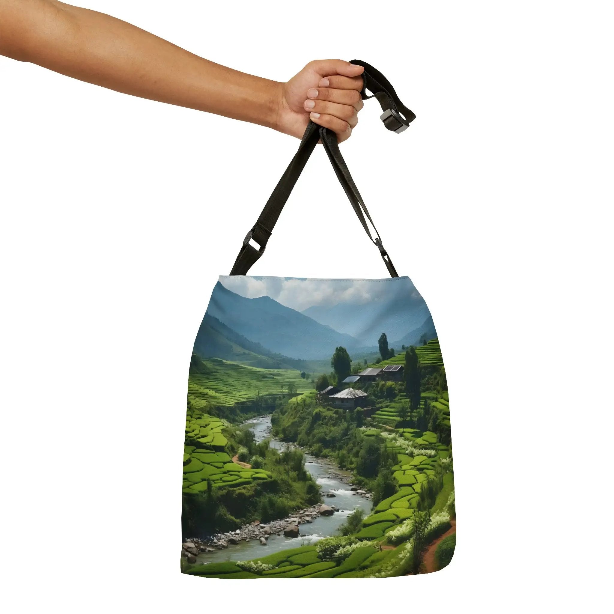 Weekender tote bag | a hand holding a bag with a picture of a river