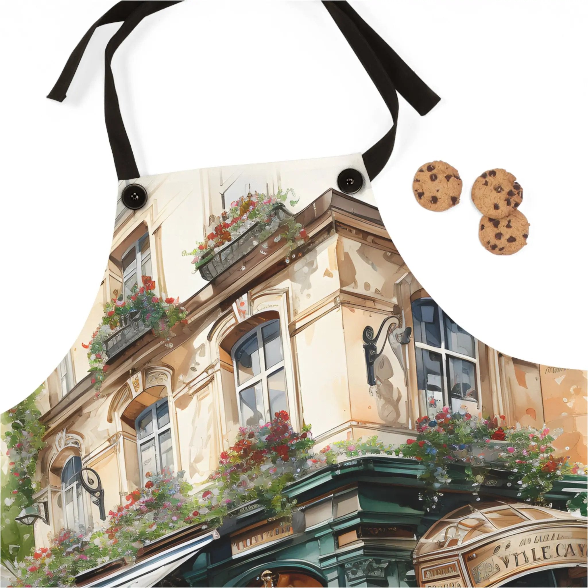 Chef Apron | an apron with a picture of a building and a cookie