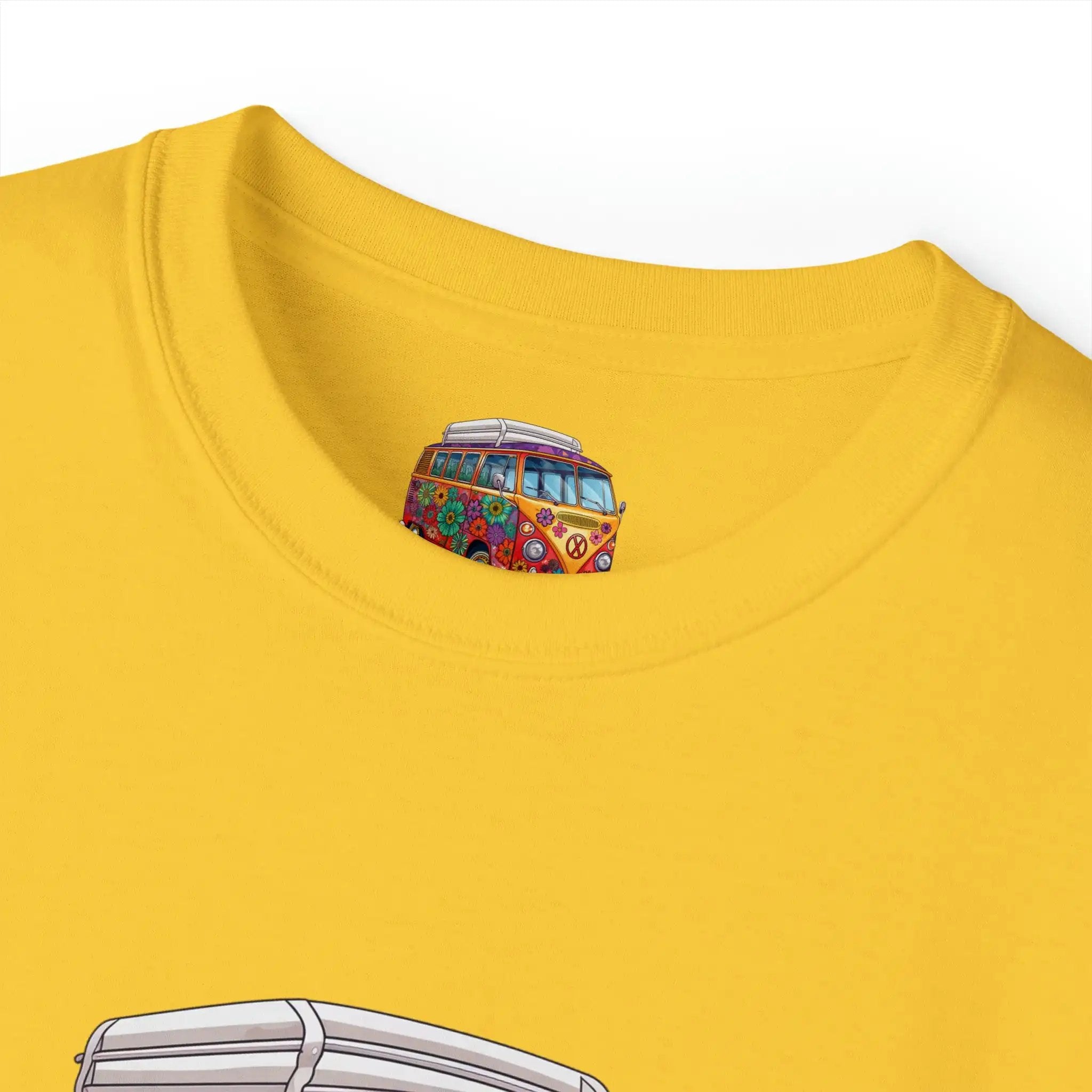 men tee graphic | a yellow t shirt with a picture of a bus on it