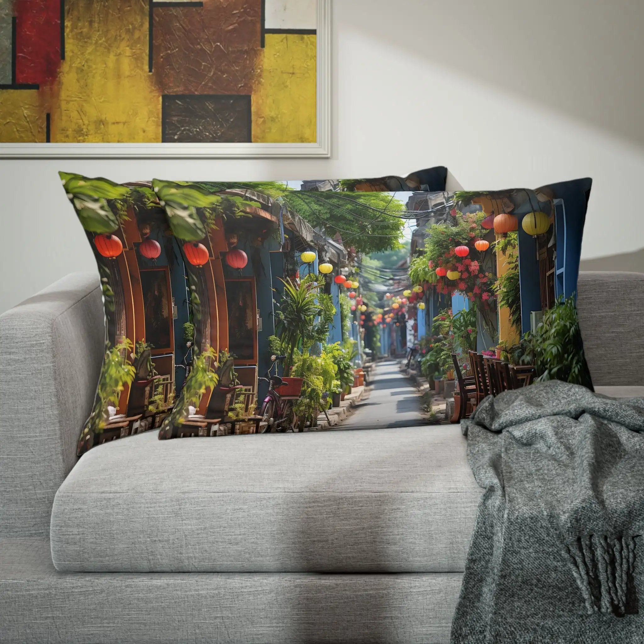 Pillow Sham | a couch with two pillows on it with a picture of a street