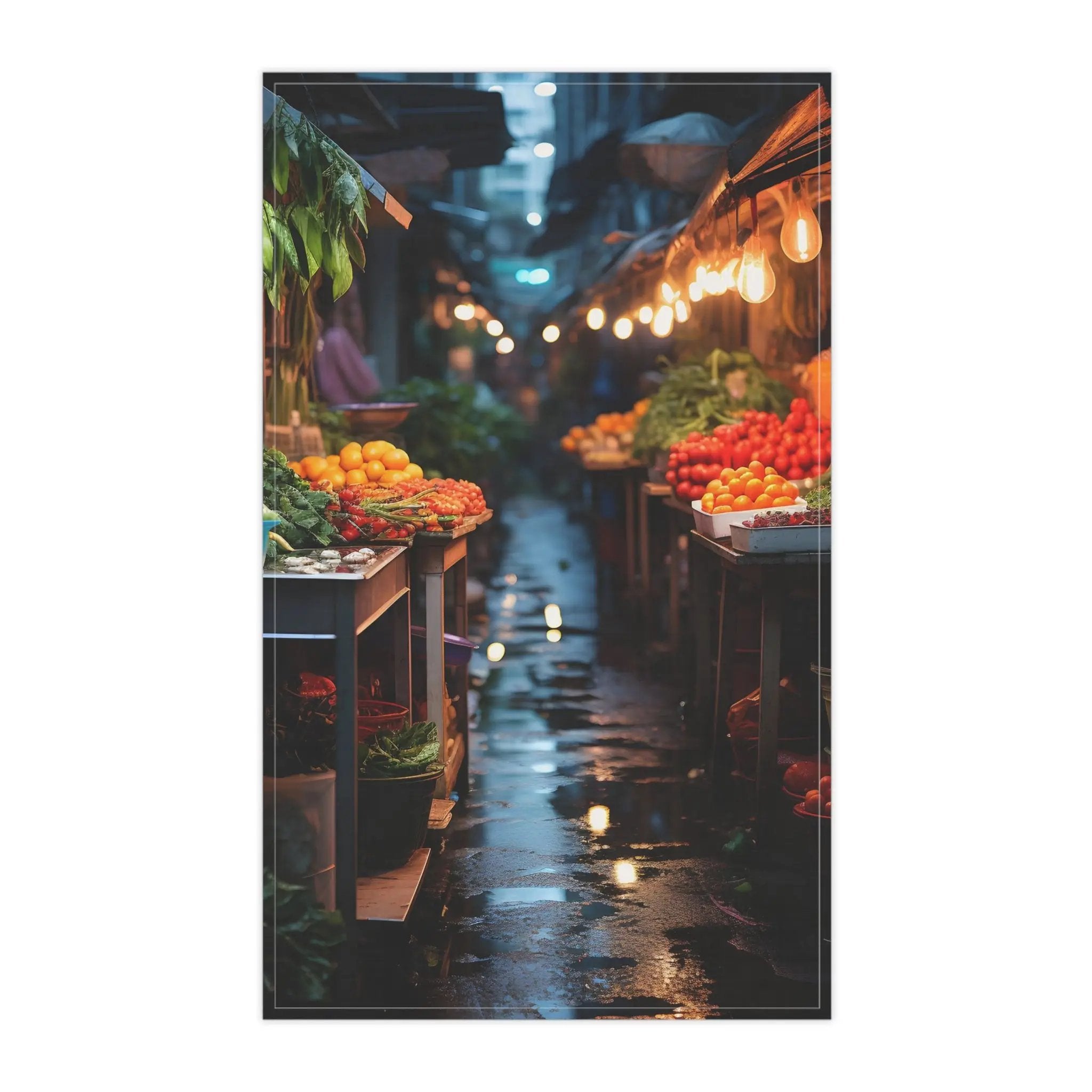 Kitchen Towel | a wet street lined with lots of fruits and vegetables