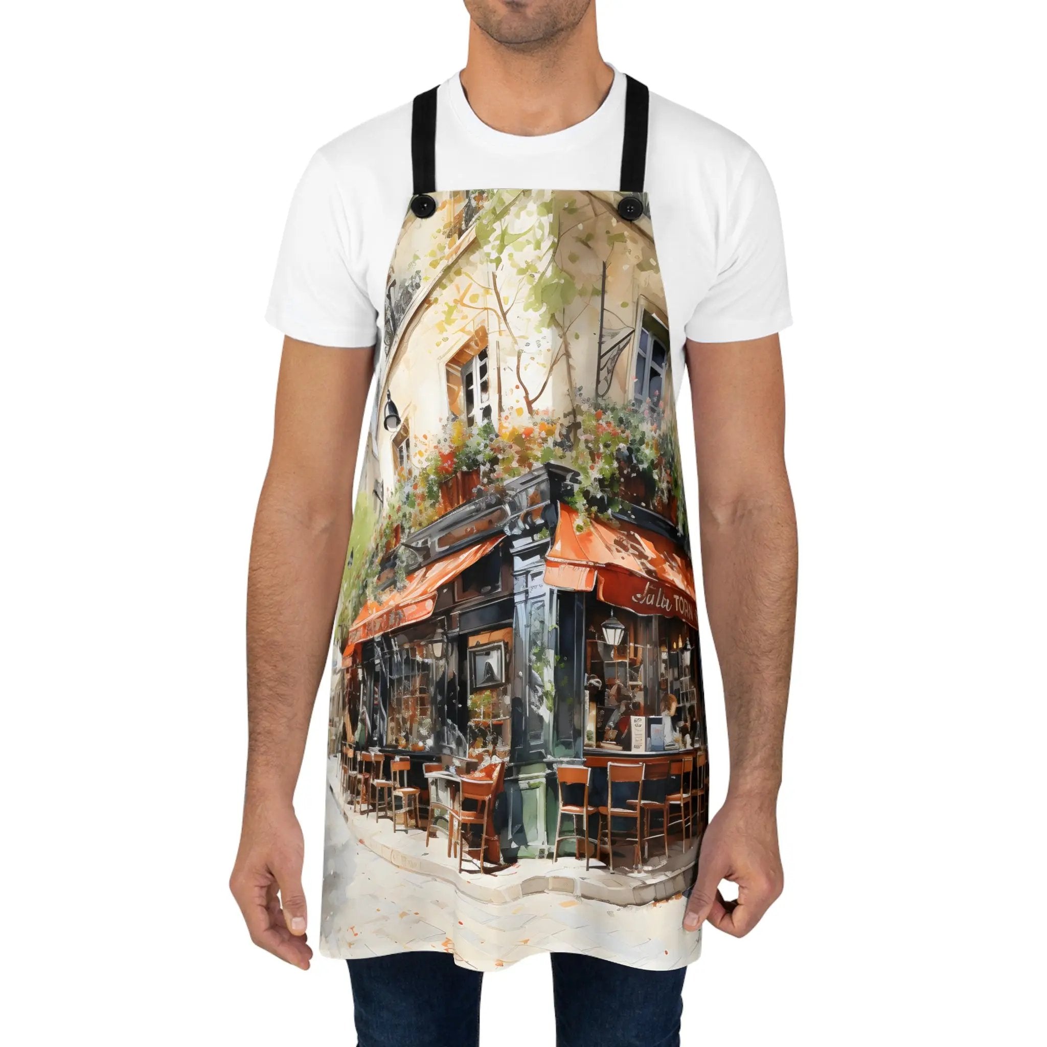 Chef Apron | a man wearing an apron with a painting of a restaurant