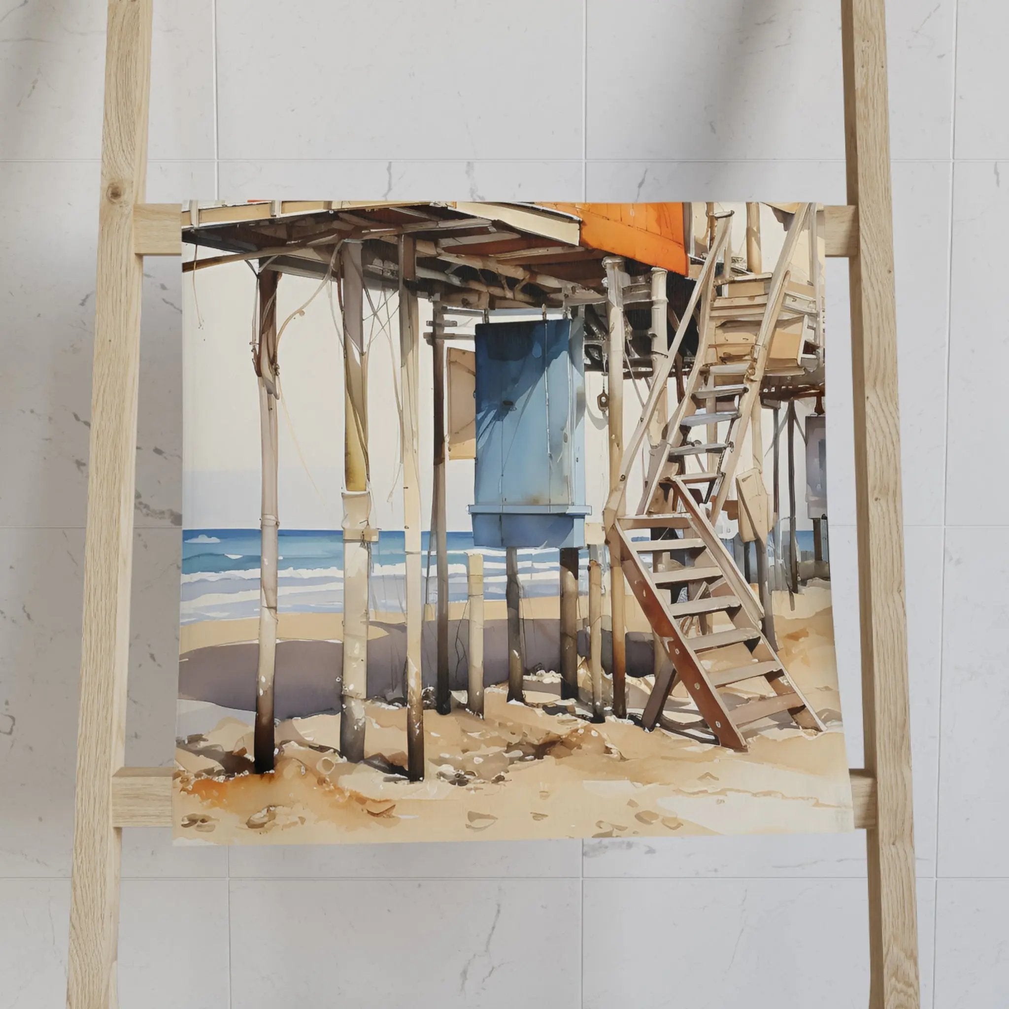 Hand towel | a painting of a beach scene with a ladder