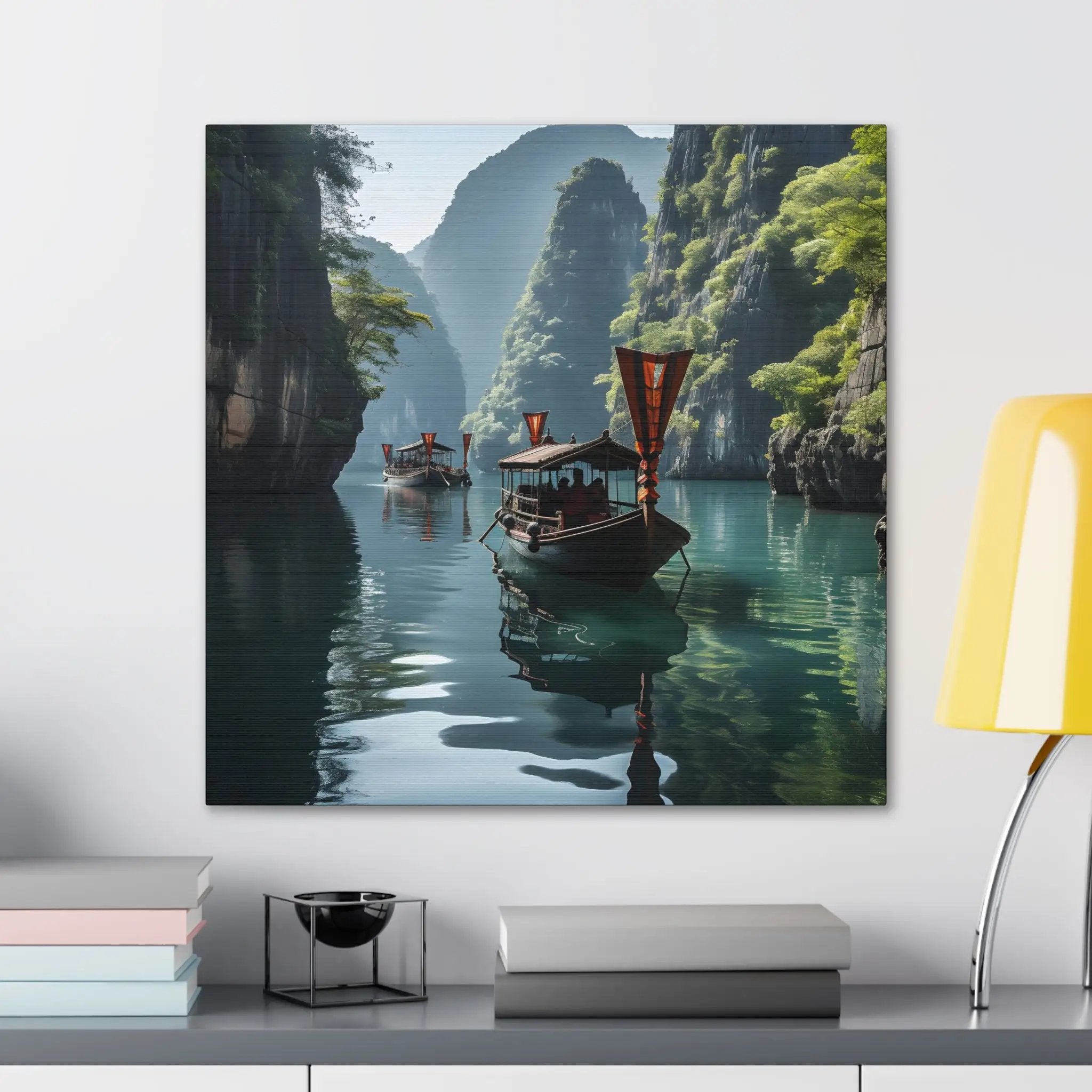 Canvas Gallery Wraps | a painting of two boats floating on a river