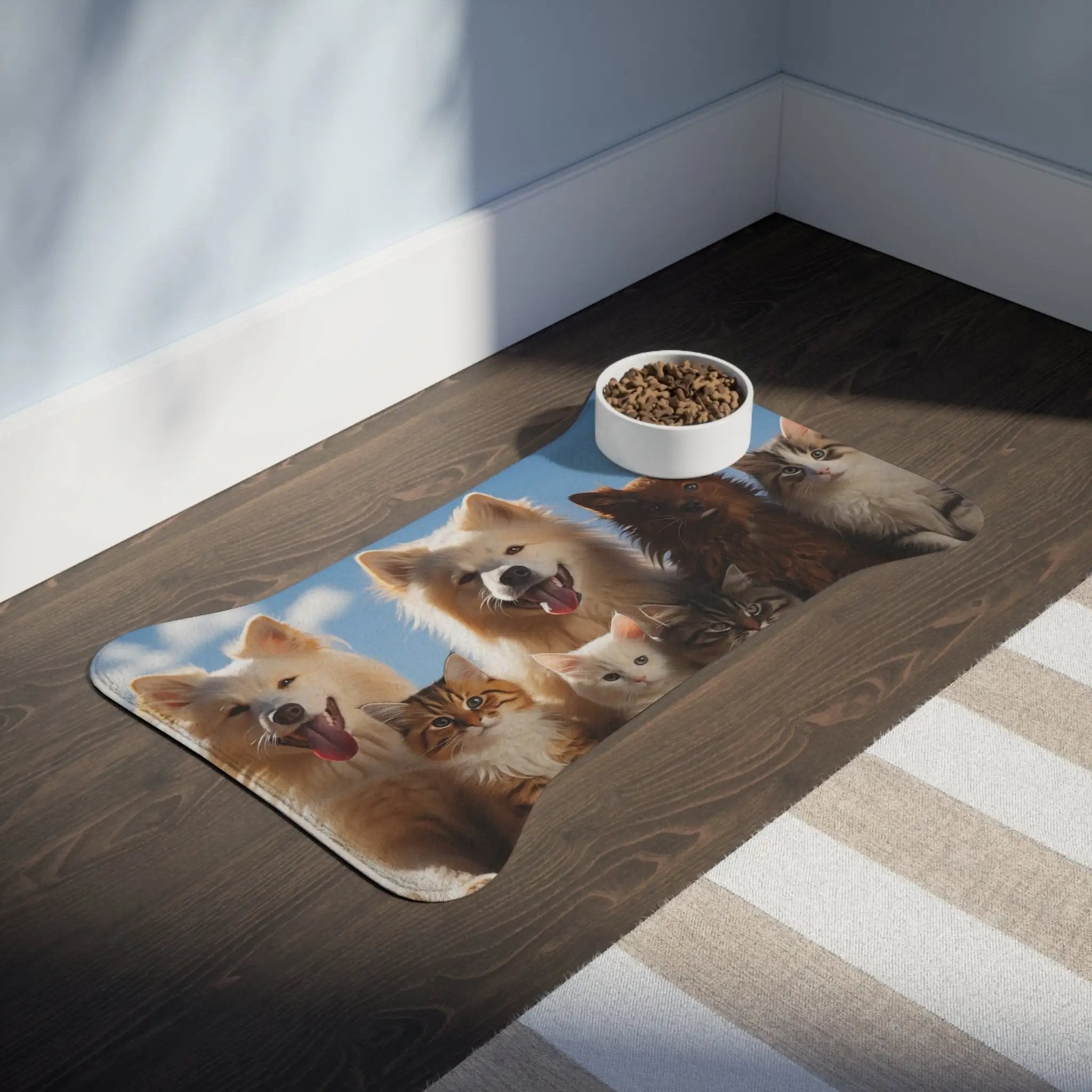 Pet Feeding Mats | a cat eating out of a bowl on the floor