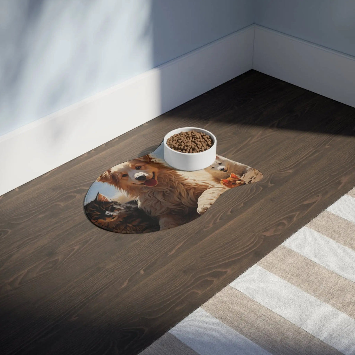 Pet Feeding Mats | a dog and cat eating food out of a bowl