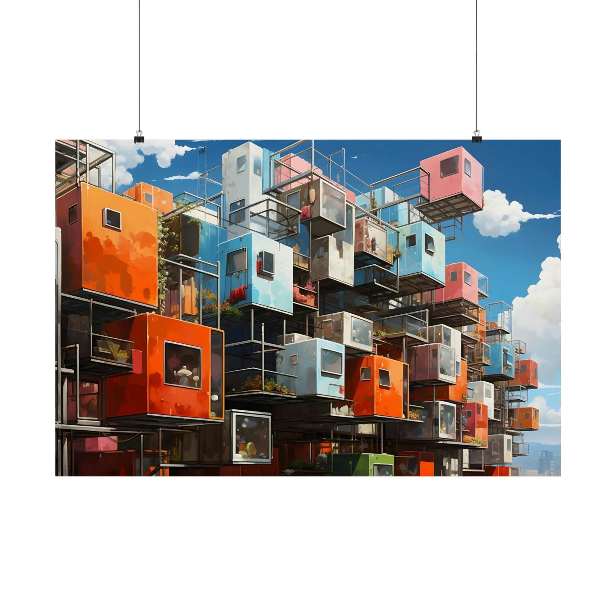 Kawaii Posters | a painting of a multi - colored building with a sky background