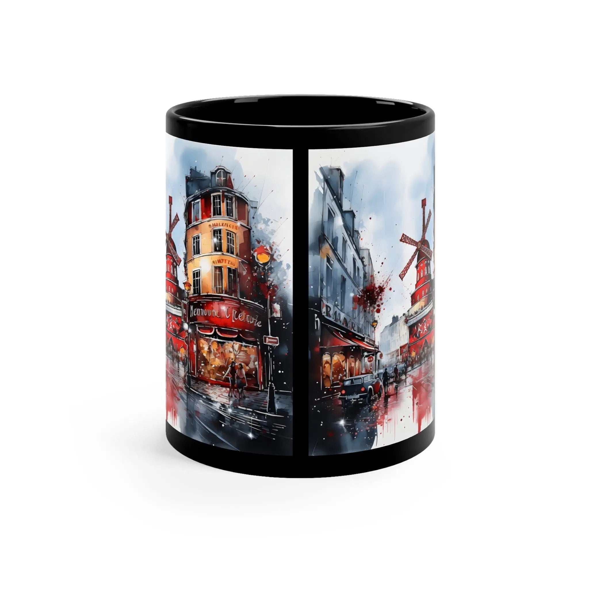 Mugs coffee | a black coffee mug with a picture of a windmill on it