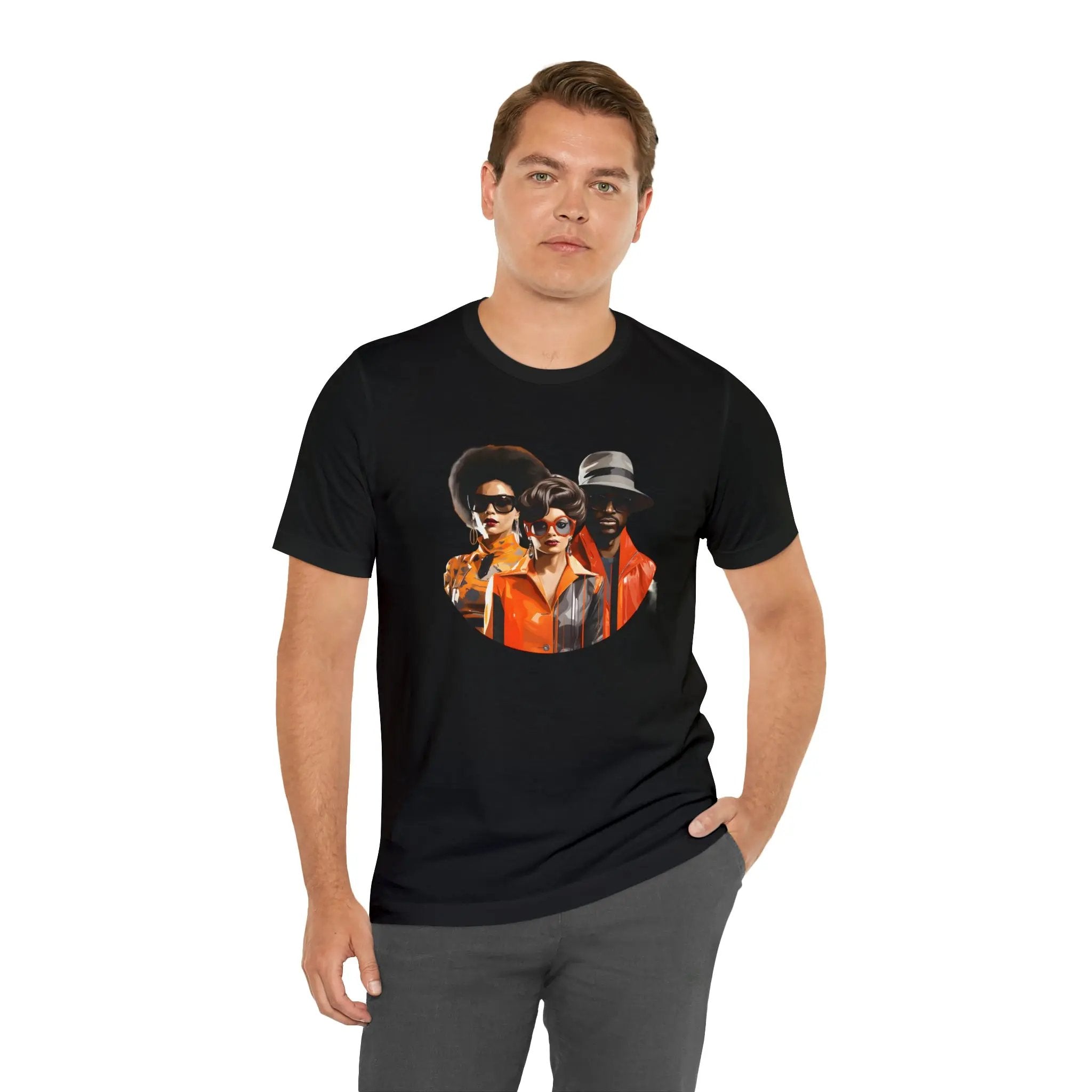 Couple t shirt | a man wearing a black t - shirt with a picture of three men on it