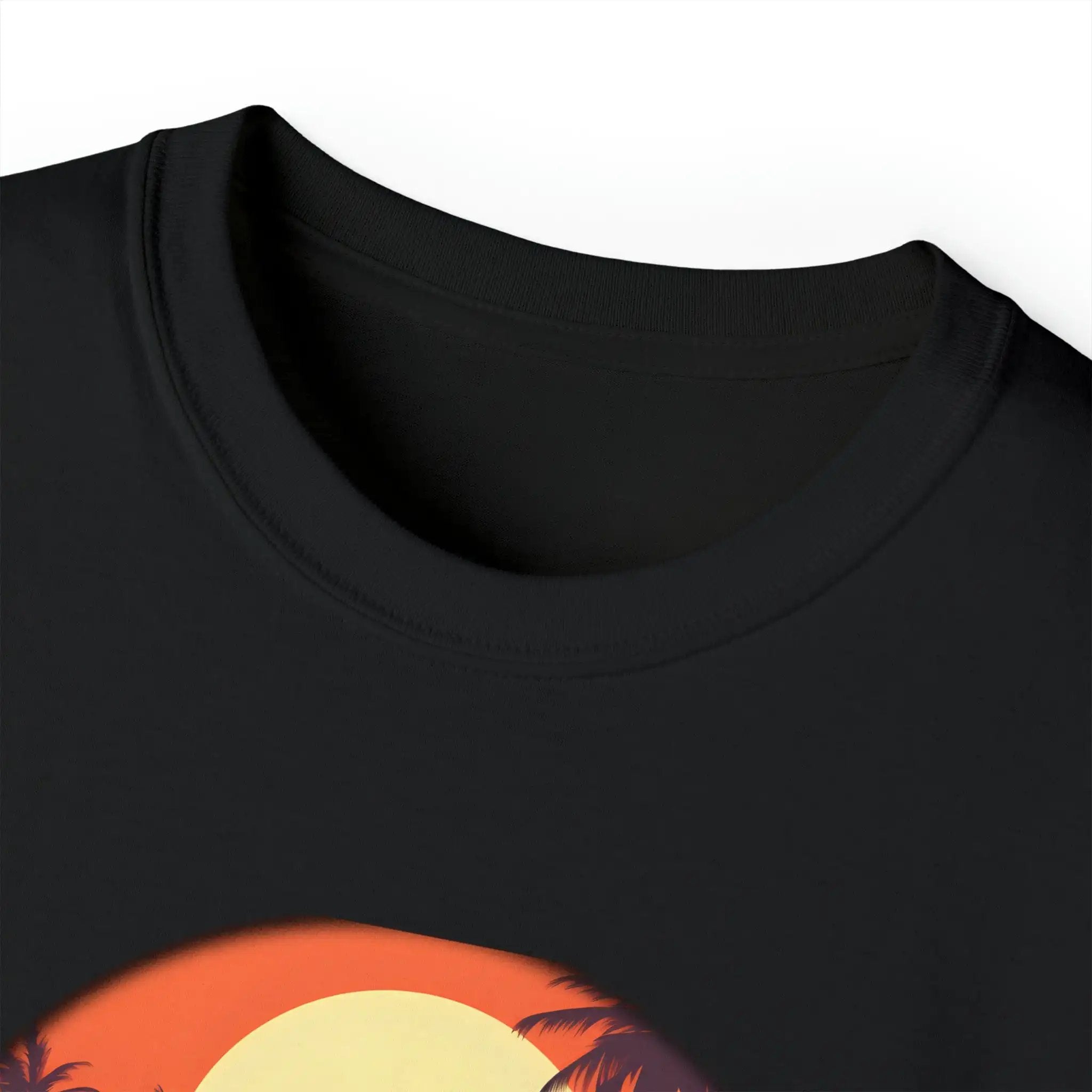 men tee graphic | a black t - shirt with a sunset and palm trees on it