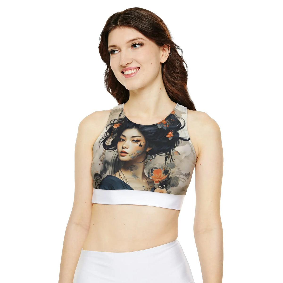 woman sports bra | a woman wearing a crop top with a picture of a woman on it