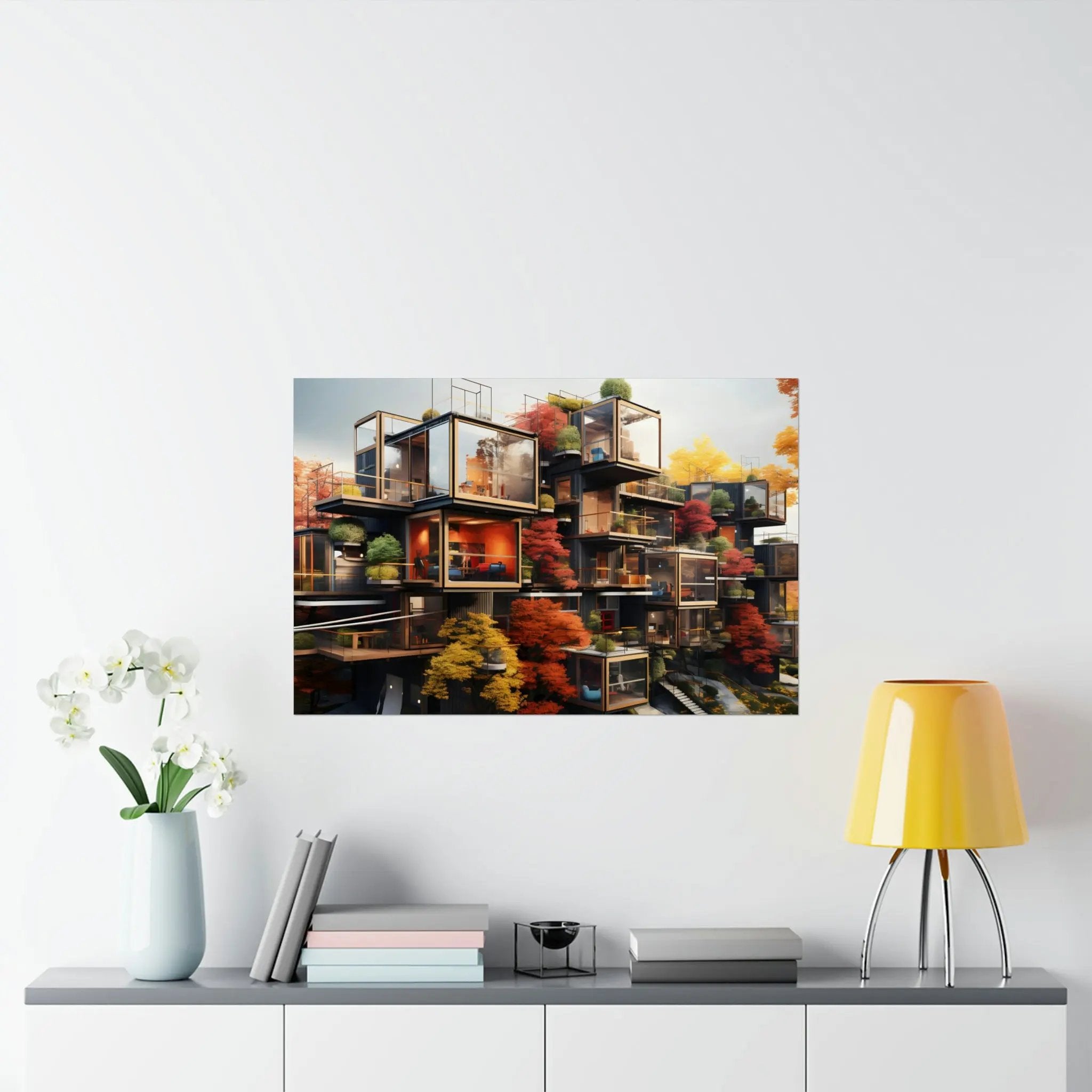 Kawaii Posters | a painting of a city with lots of buildings