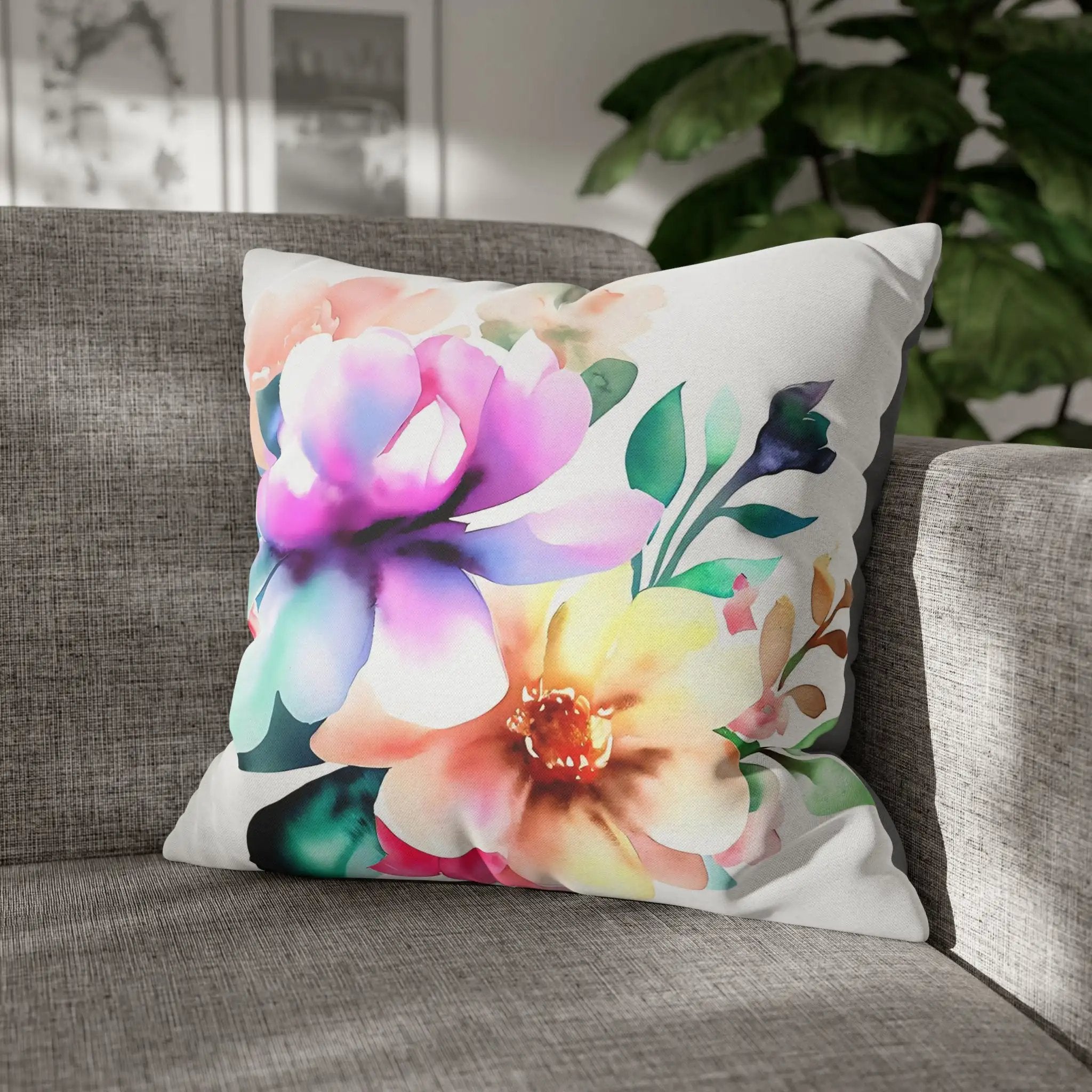 Pillow Sham | a floral pillow on a couch with a plant in the background