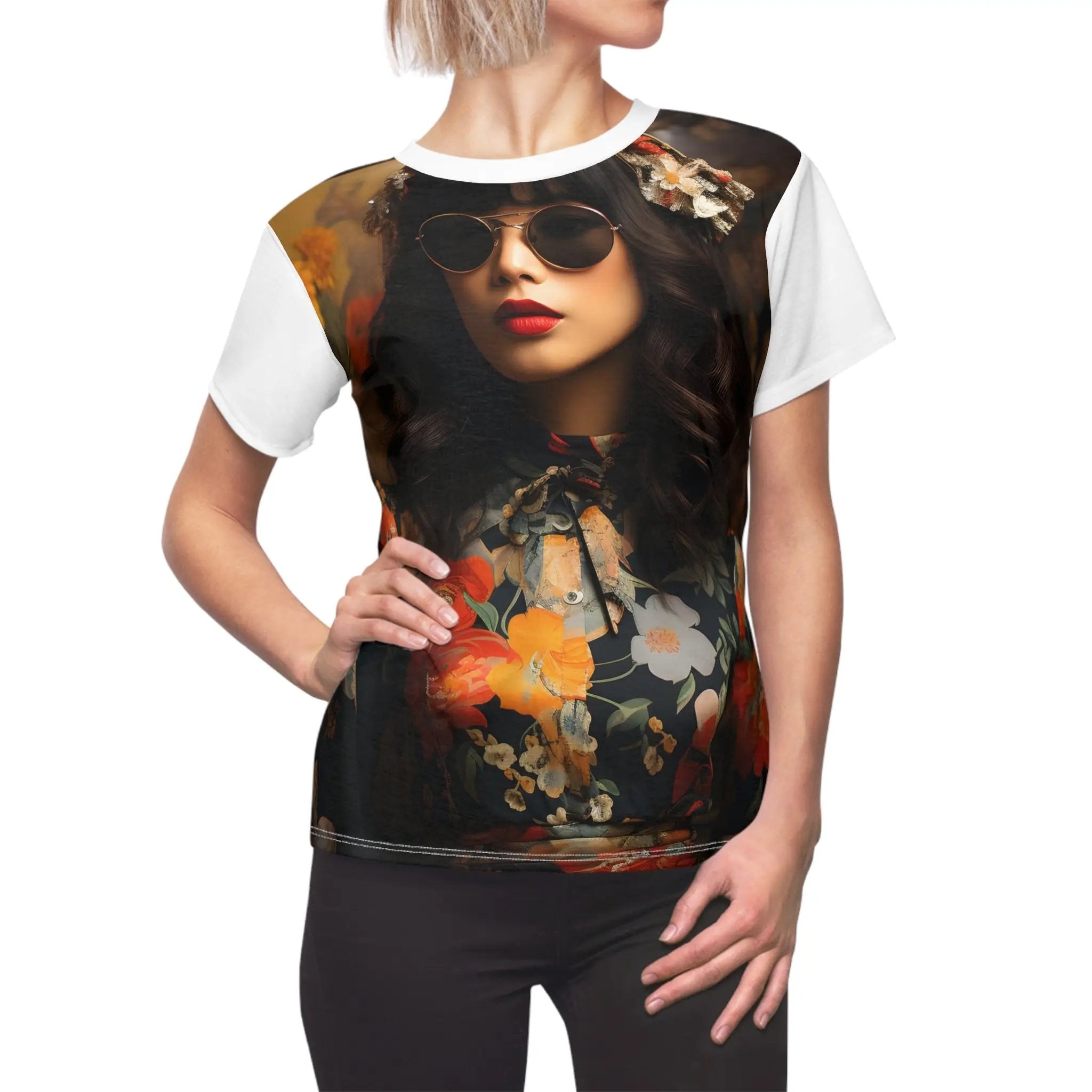 Women Tee | shirt with a picture of a woman wearing sunglasses