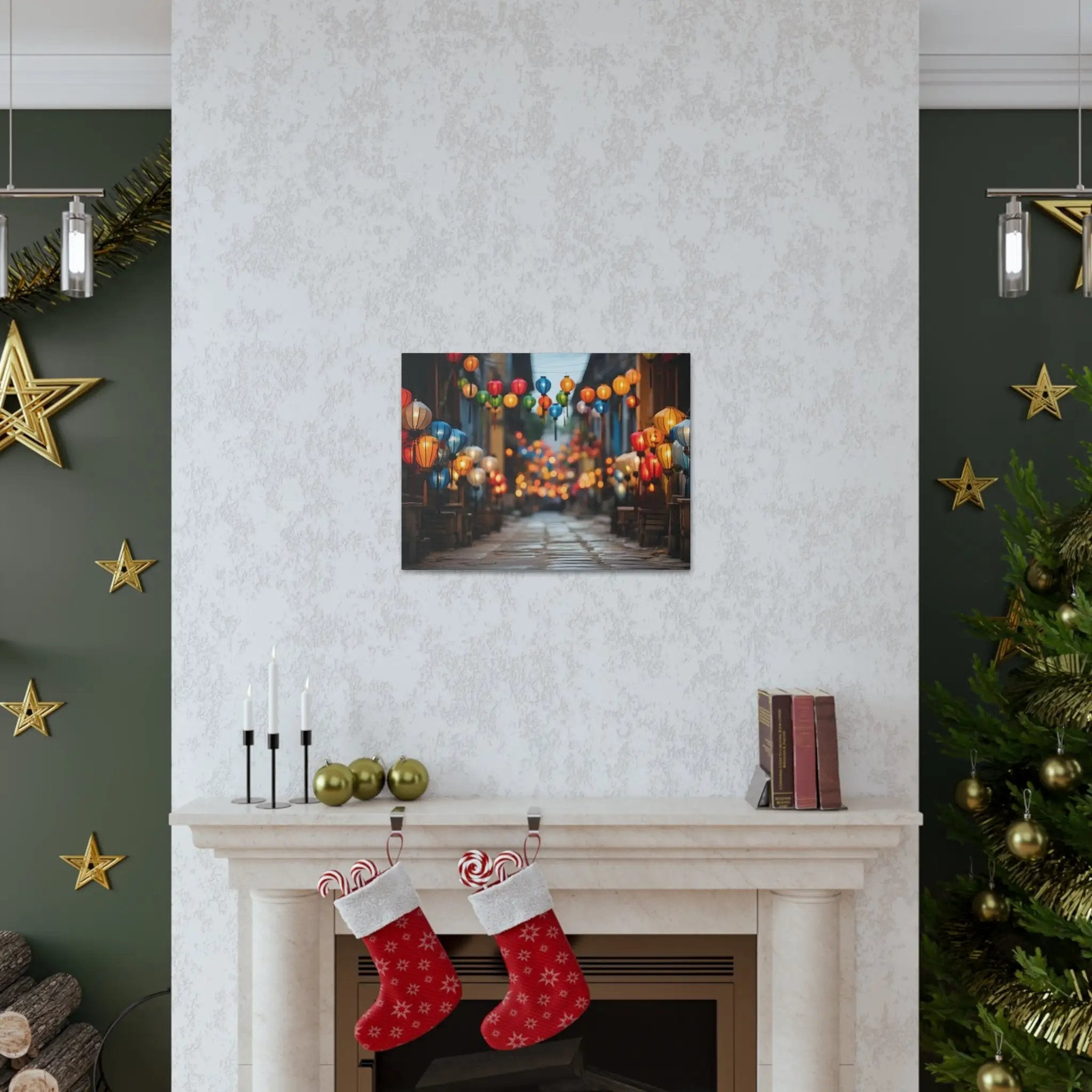 Canvas Gallery Wraps | a living room decorated for Christmas with stockings hanging from the fireplace