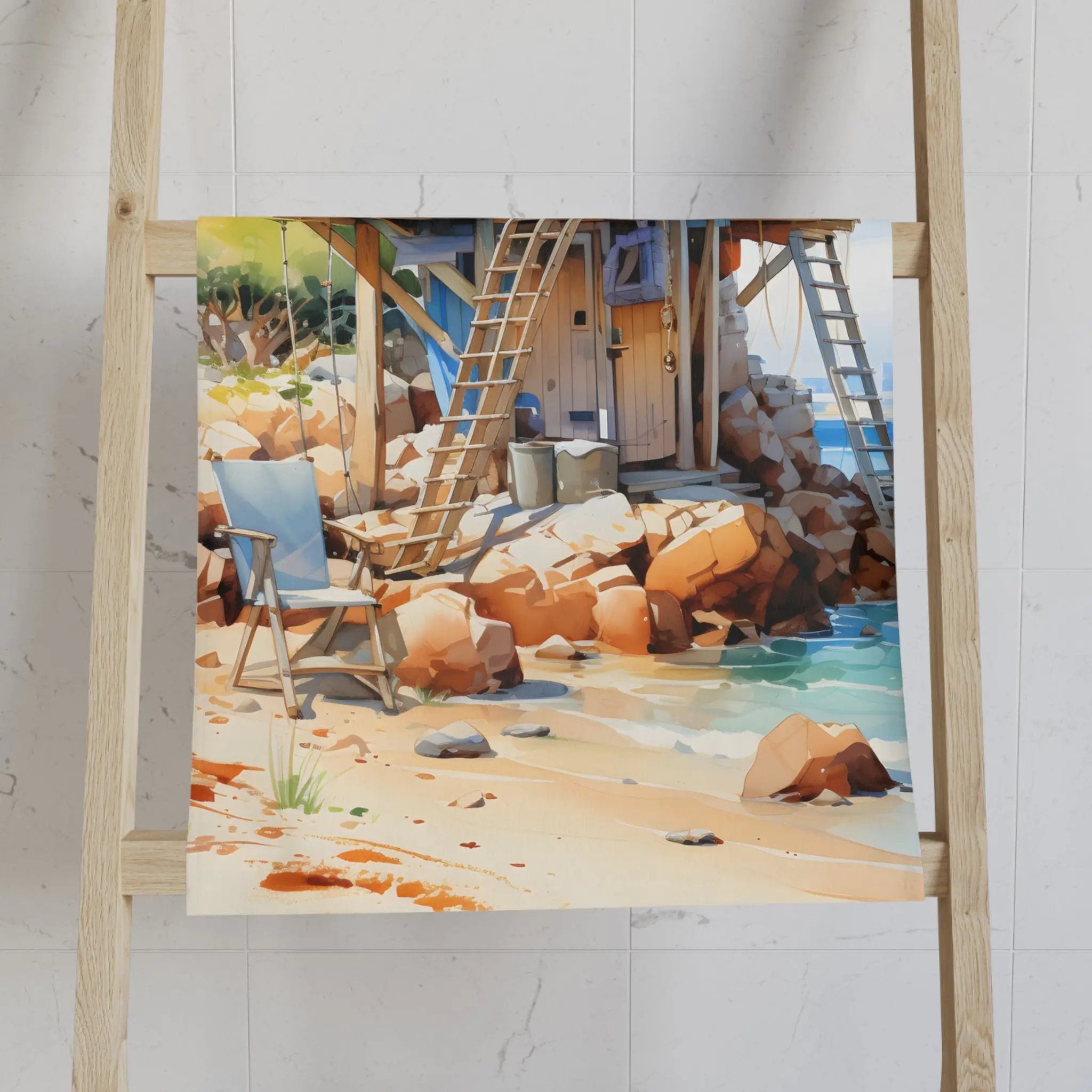 Hand towel | a painting of a beach scene with a ladder