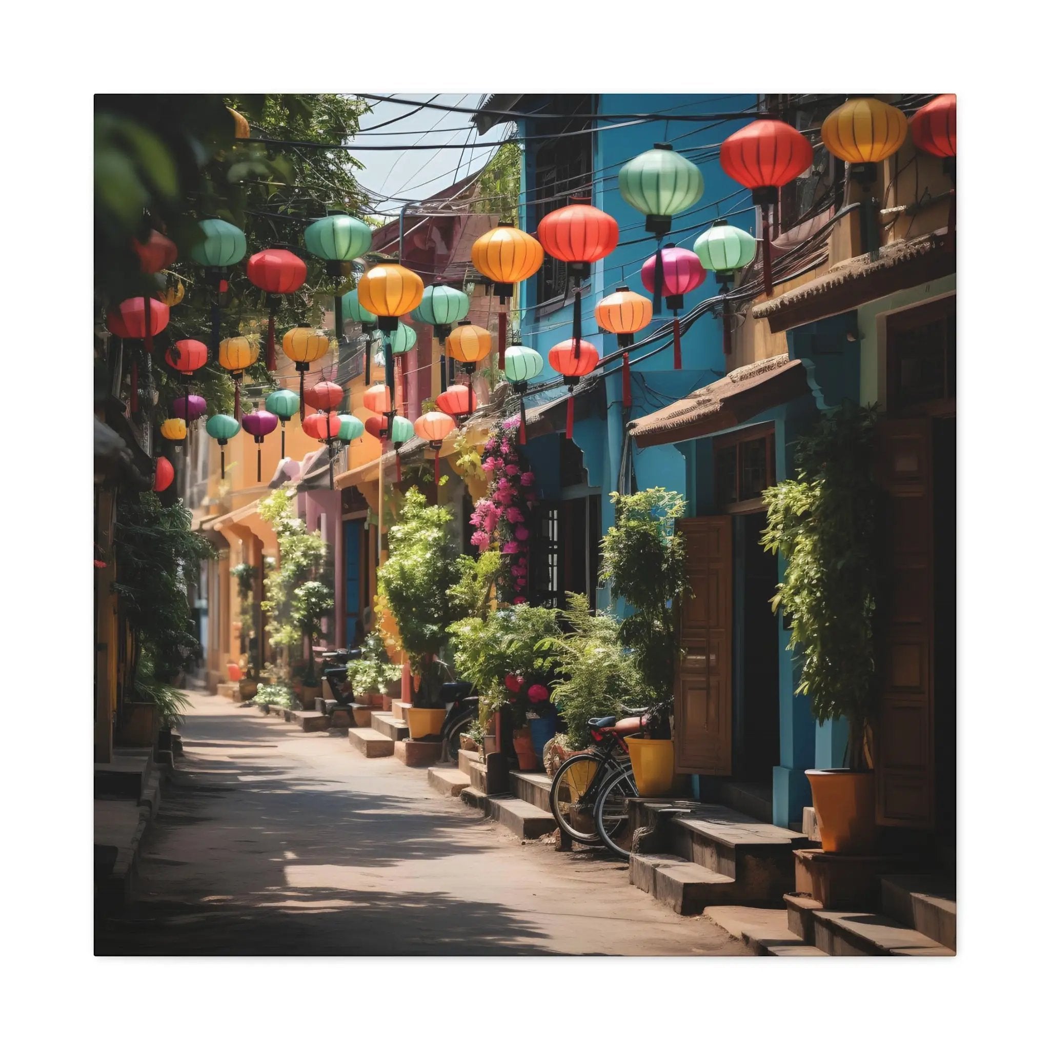 Canvas Gallery Wraps | a street with many colorful lanterns hanging from the buildings