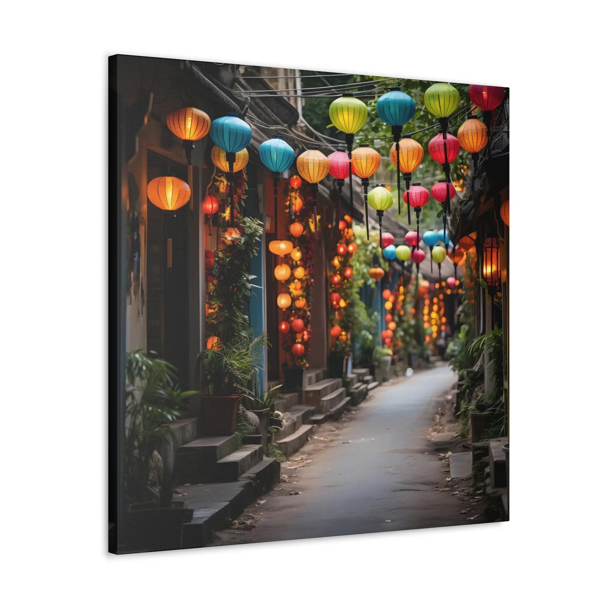 Canvas Gallery Wraps | a narrow street with lanterns hanging from the ceiling