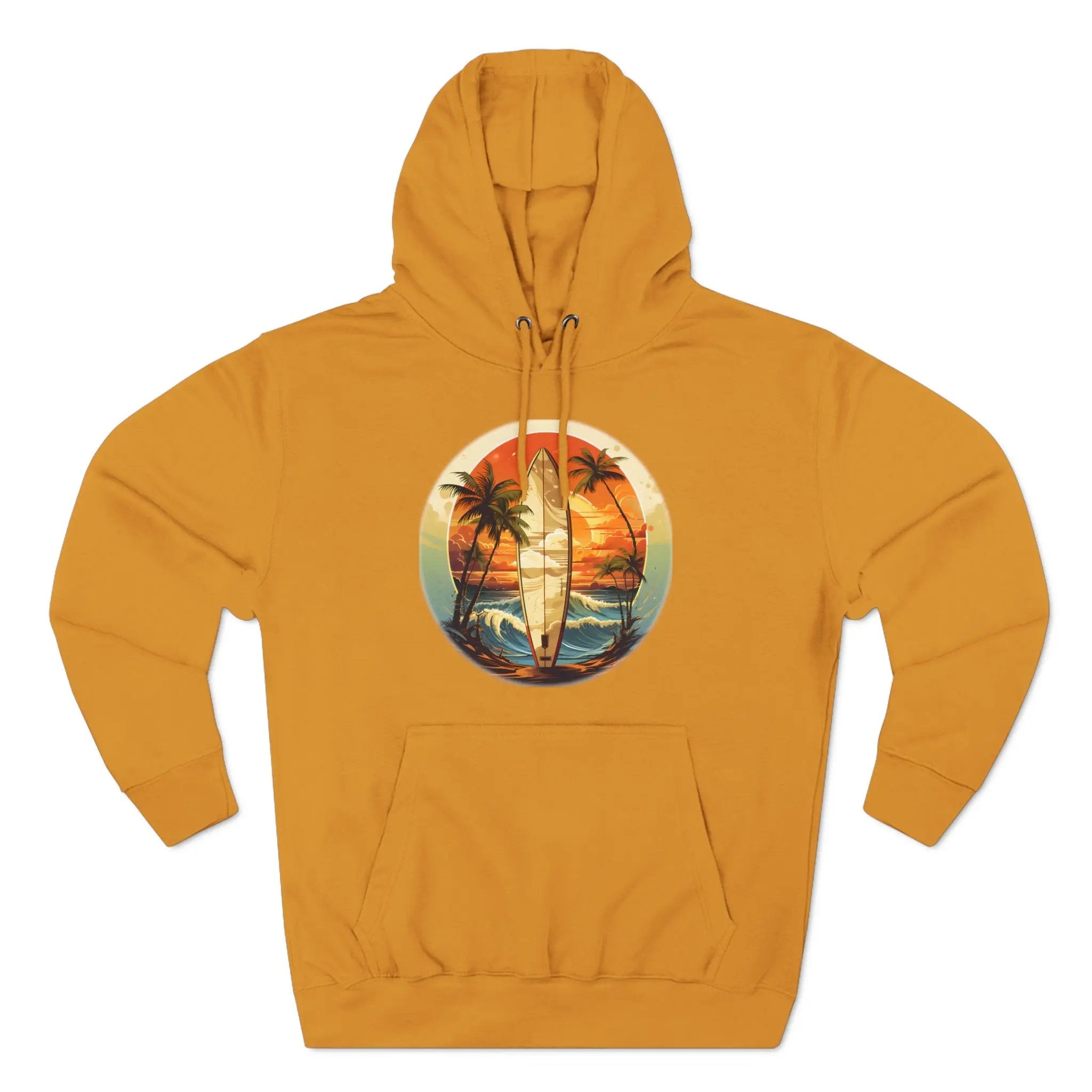 pullover hoodie | a yellow hoodie with a picture of a surfer on the beach