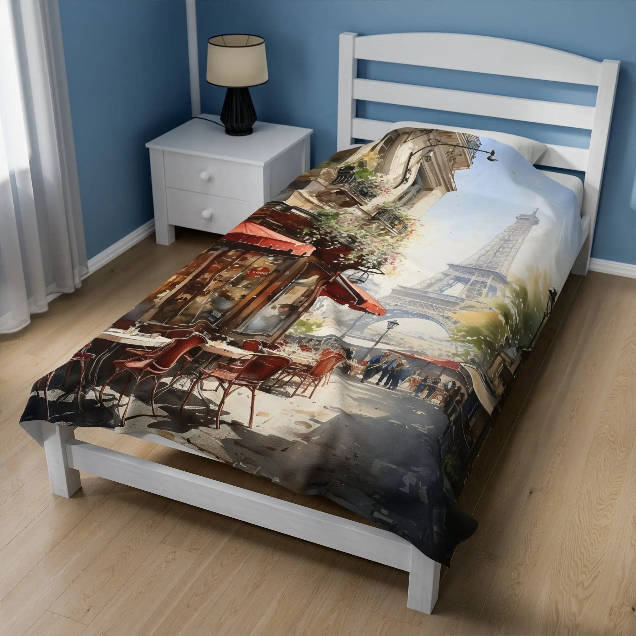 bedroom Blanket | a bed with a picture of the Eiffel tower on it