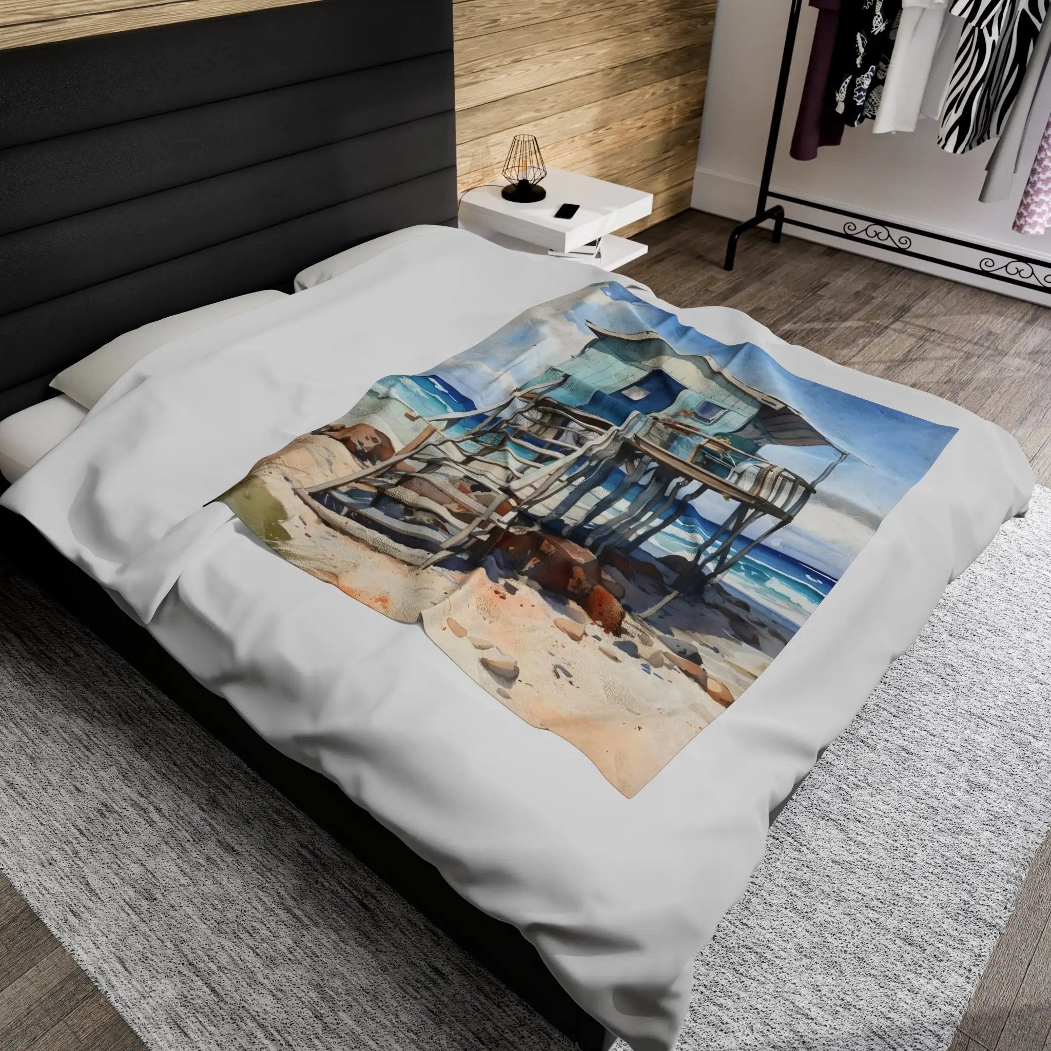 bedroom Blanket | a bed with a picture of a house on it