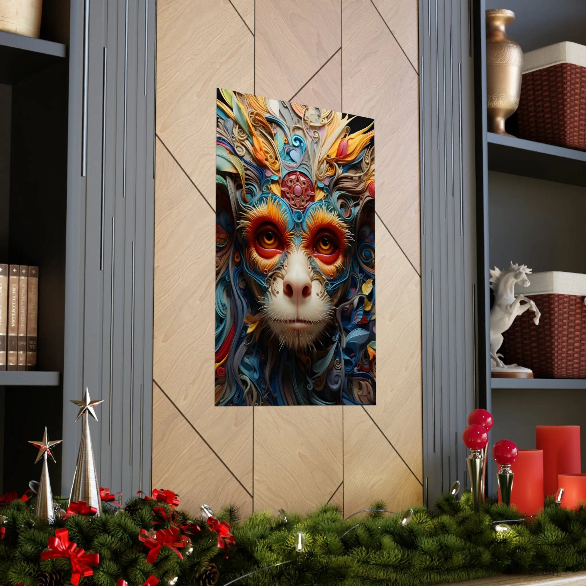 Kawaii Posters | a painting of a cat with red eyes on a wall