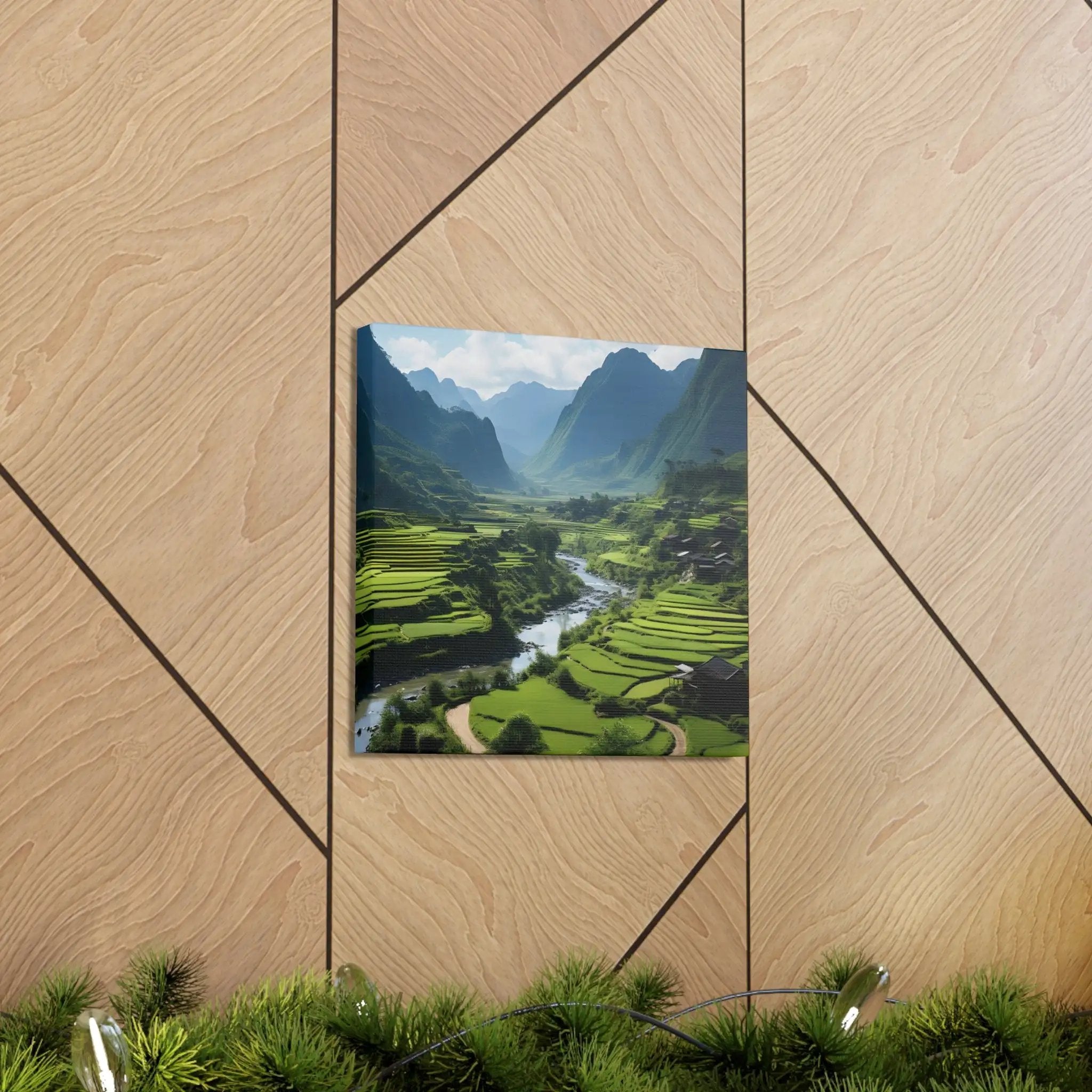 Canvas Gallery Wraps | a painting of a valley with mountains in the background