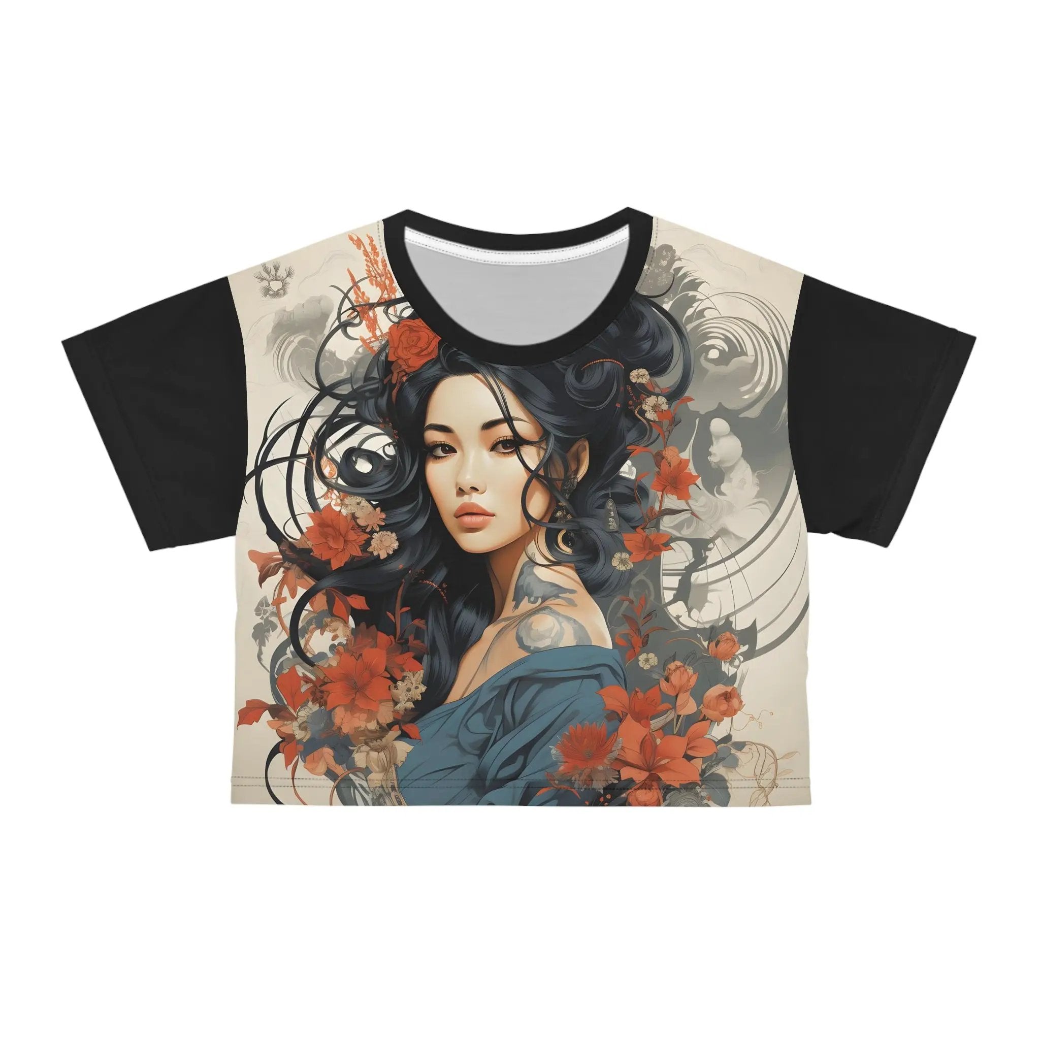 Crop shirts for women | shirt with an image of a woman with flowers on it