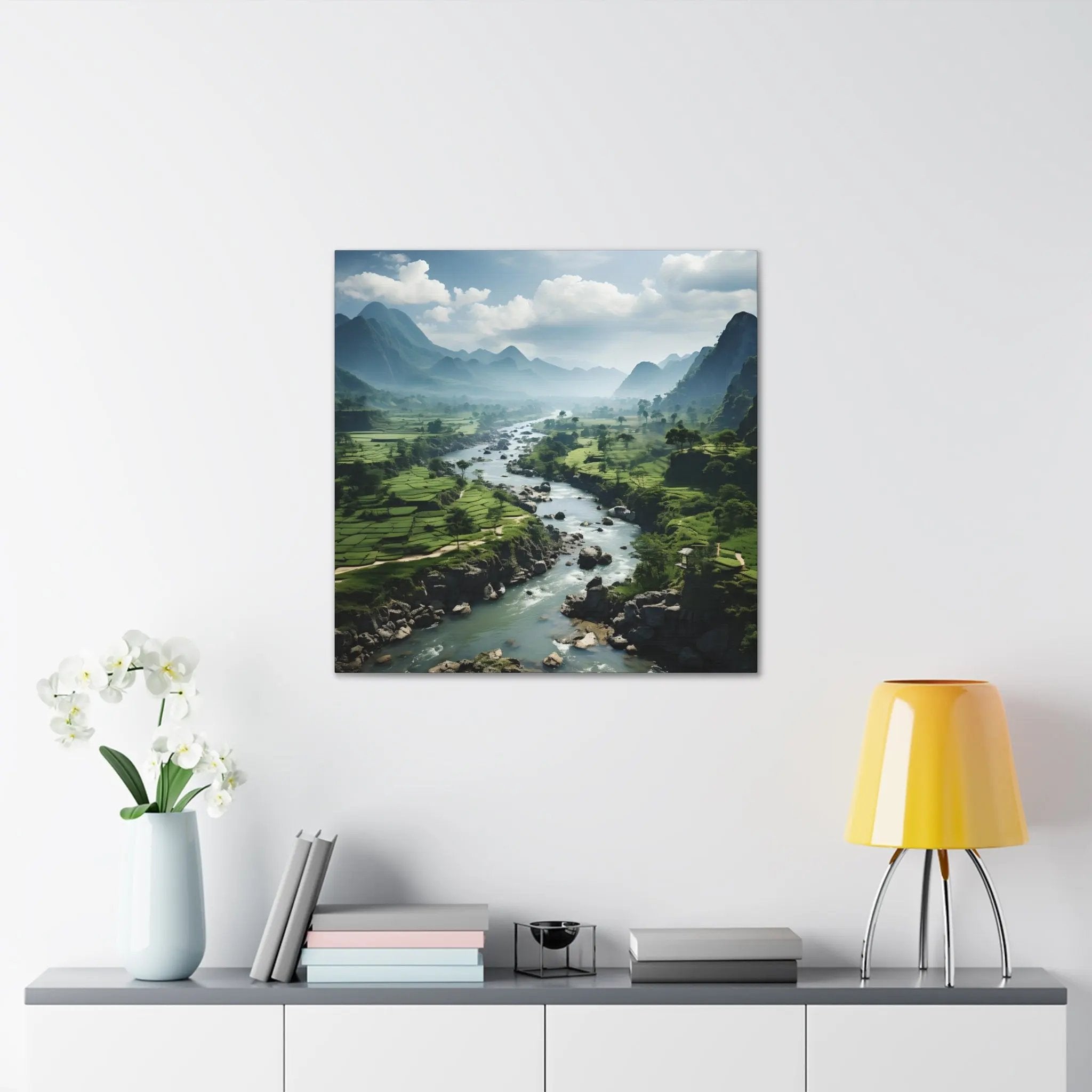 Canvas Gallery Wraps | a painting on a wall of a river and mountains