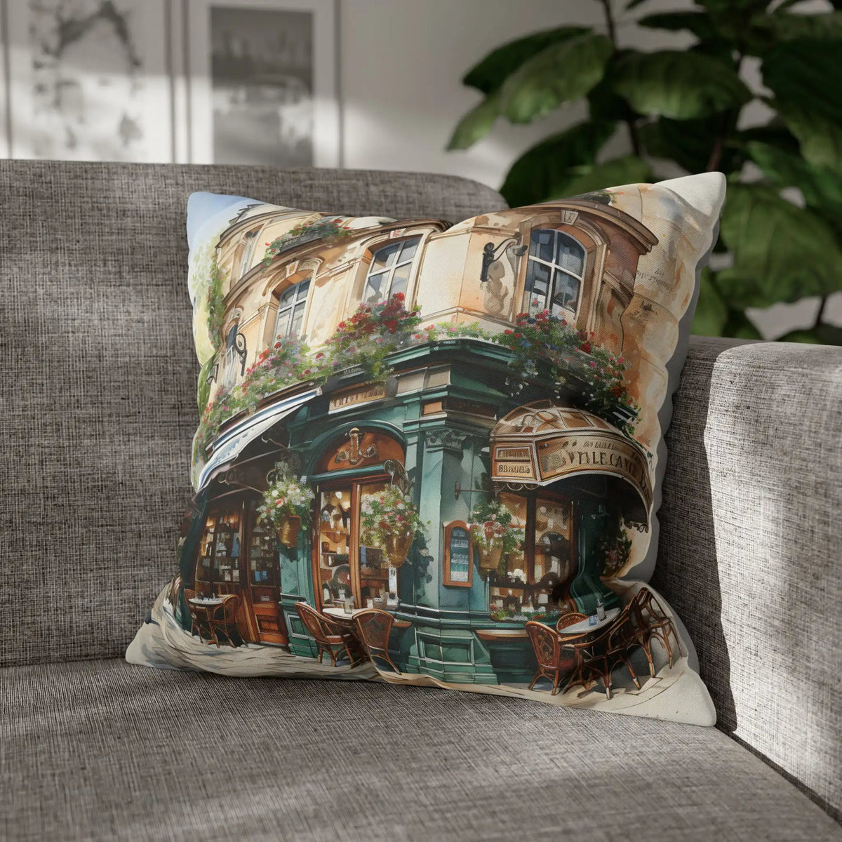 pillow cover | a pillow on a couch with a picture of a restaurant