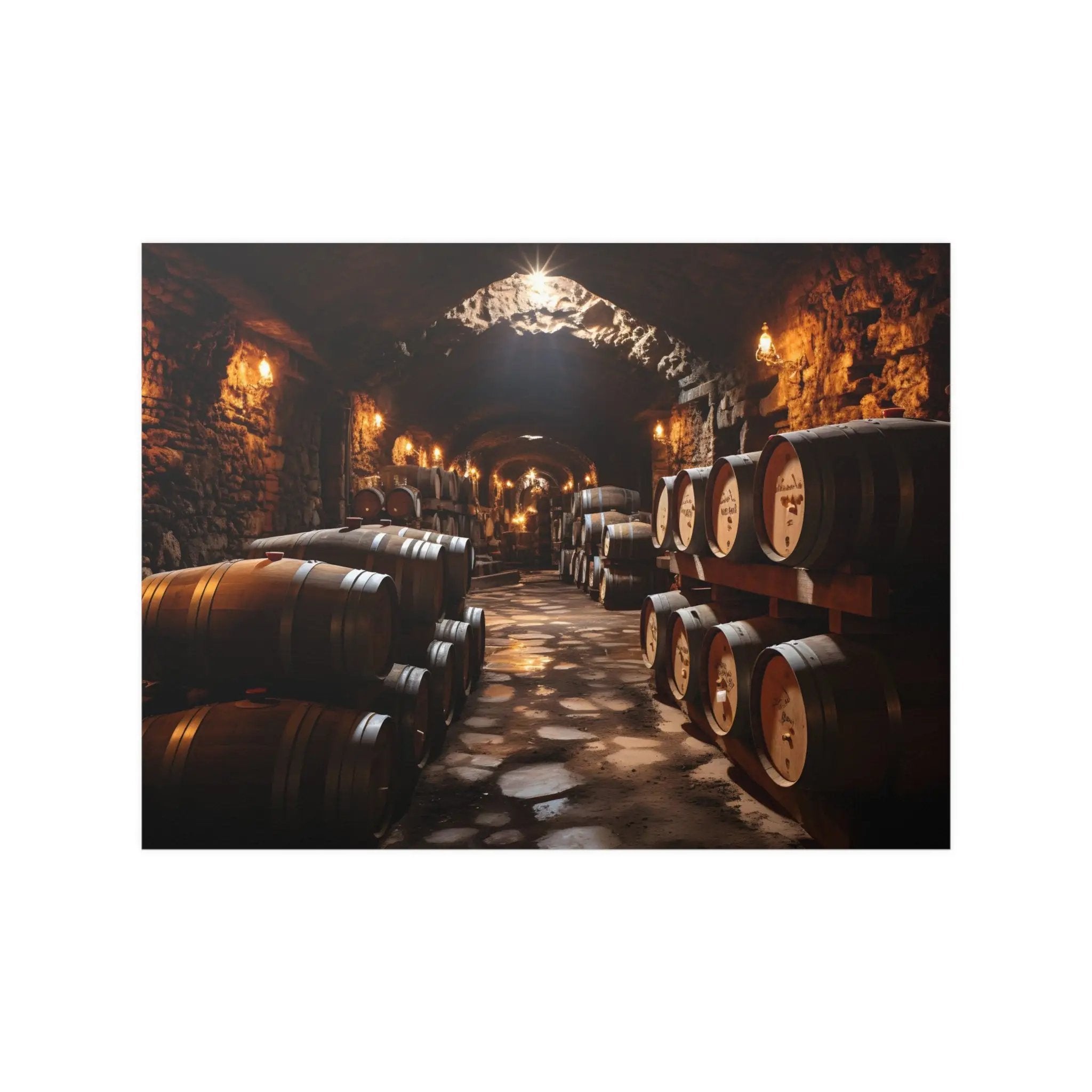 Kawaii Posters | a wine cellar filled with lots of barrels