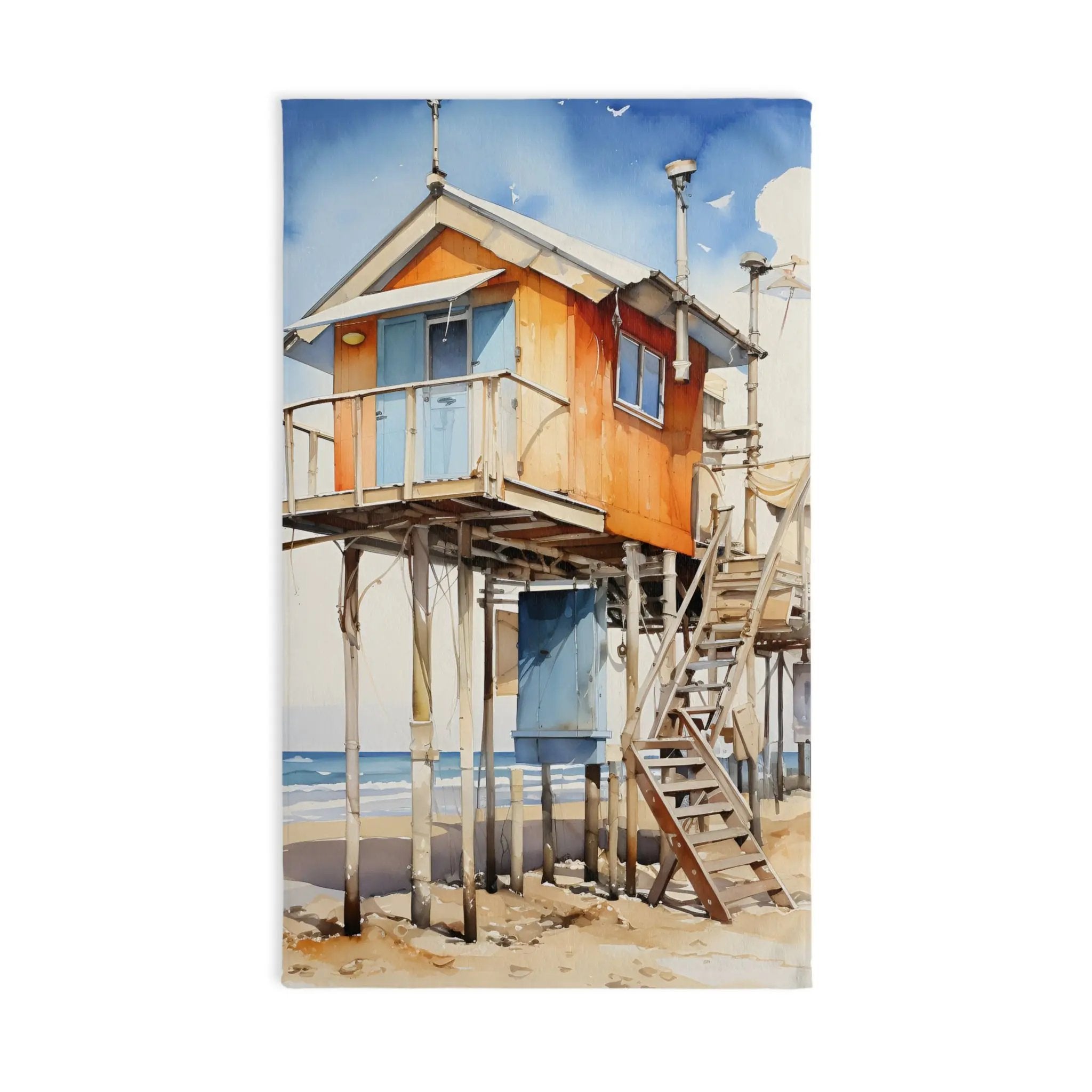 Hand towel | a painting of a house on stilts on the beach