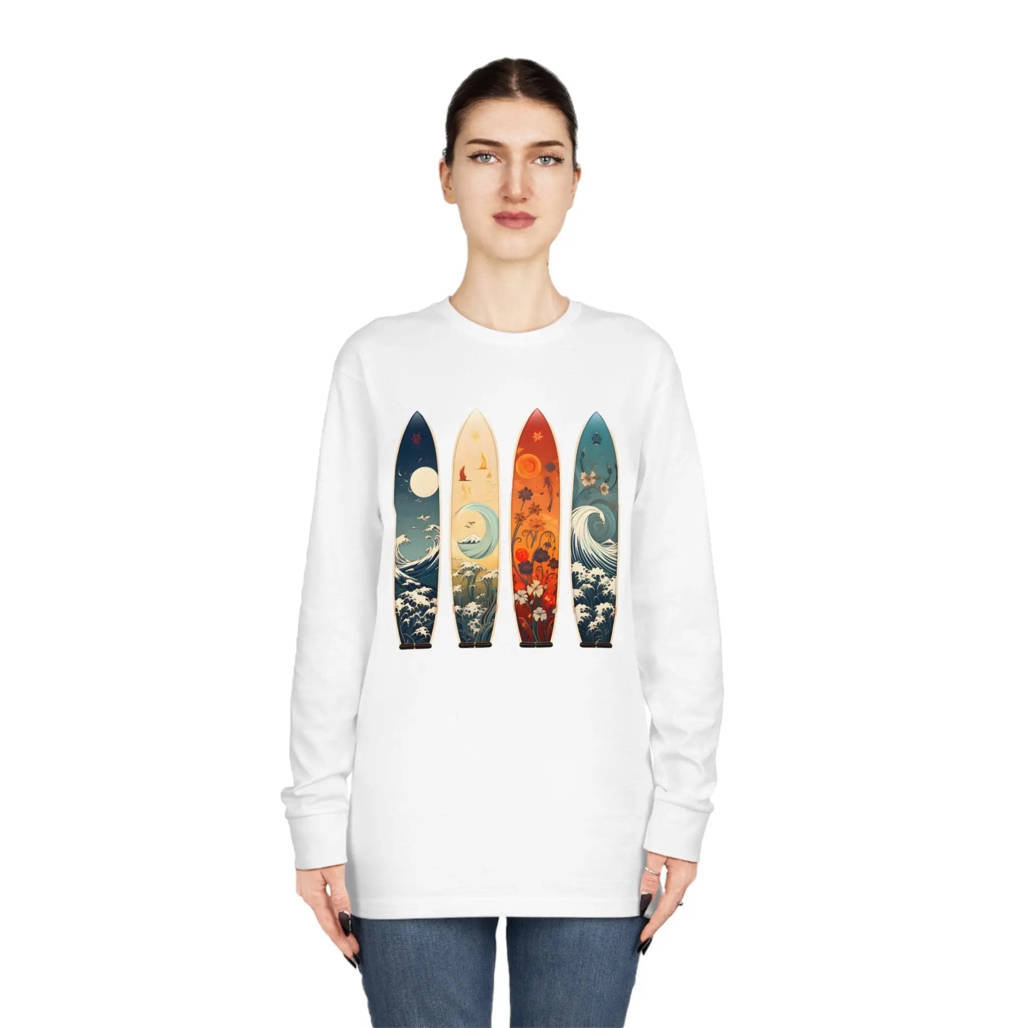 Long Sleeve t shirt | a woman wearing a white shirt with four surfboards on it