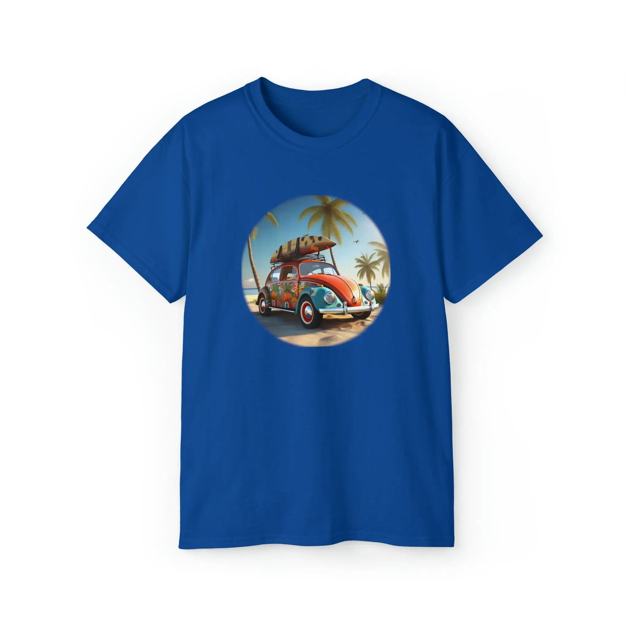 men tee graphic | a blue t - shirt with an image of a vintage car with a surf