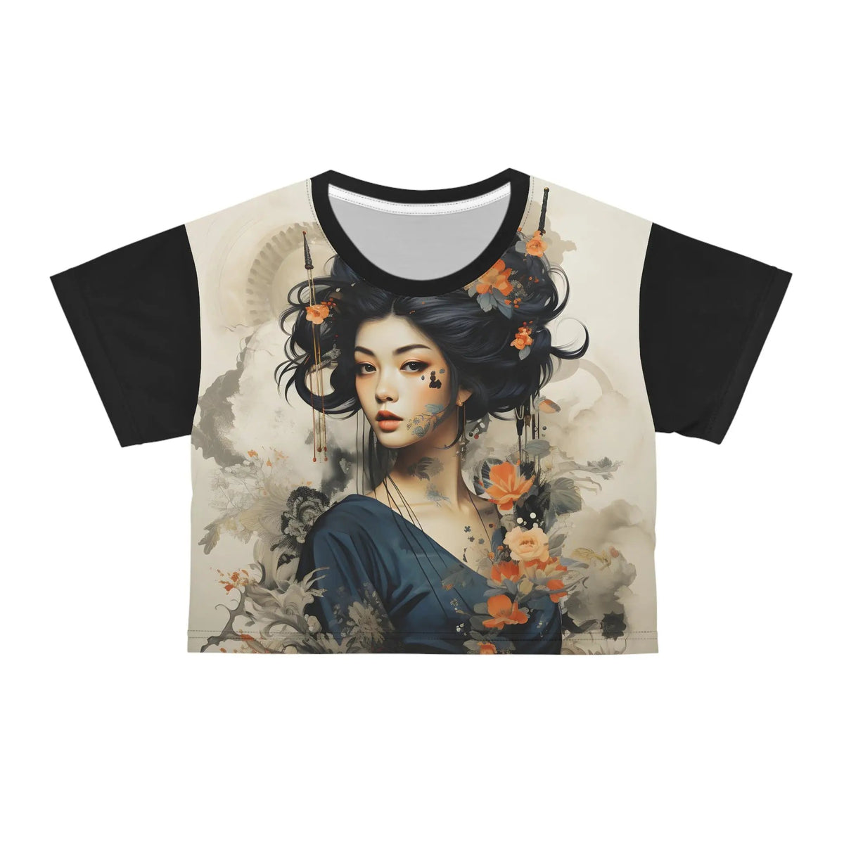 Crop shirts for women | shirt with a woman's face and flowers on it