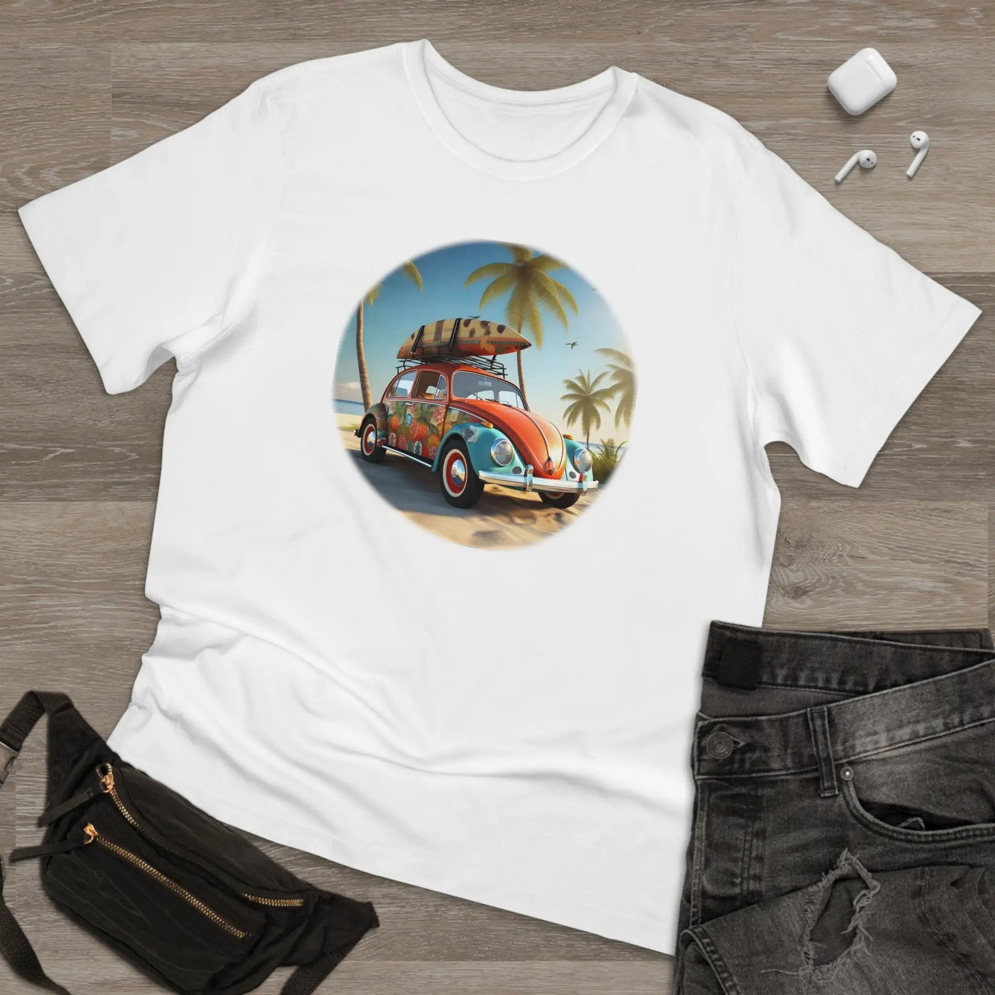 graphic men shirt | a t - shirt with a picture of a car with a surfboard on top