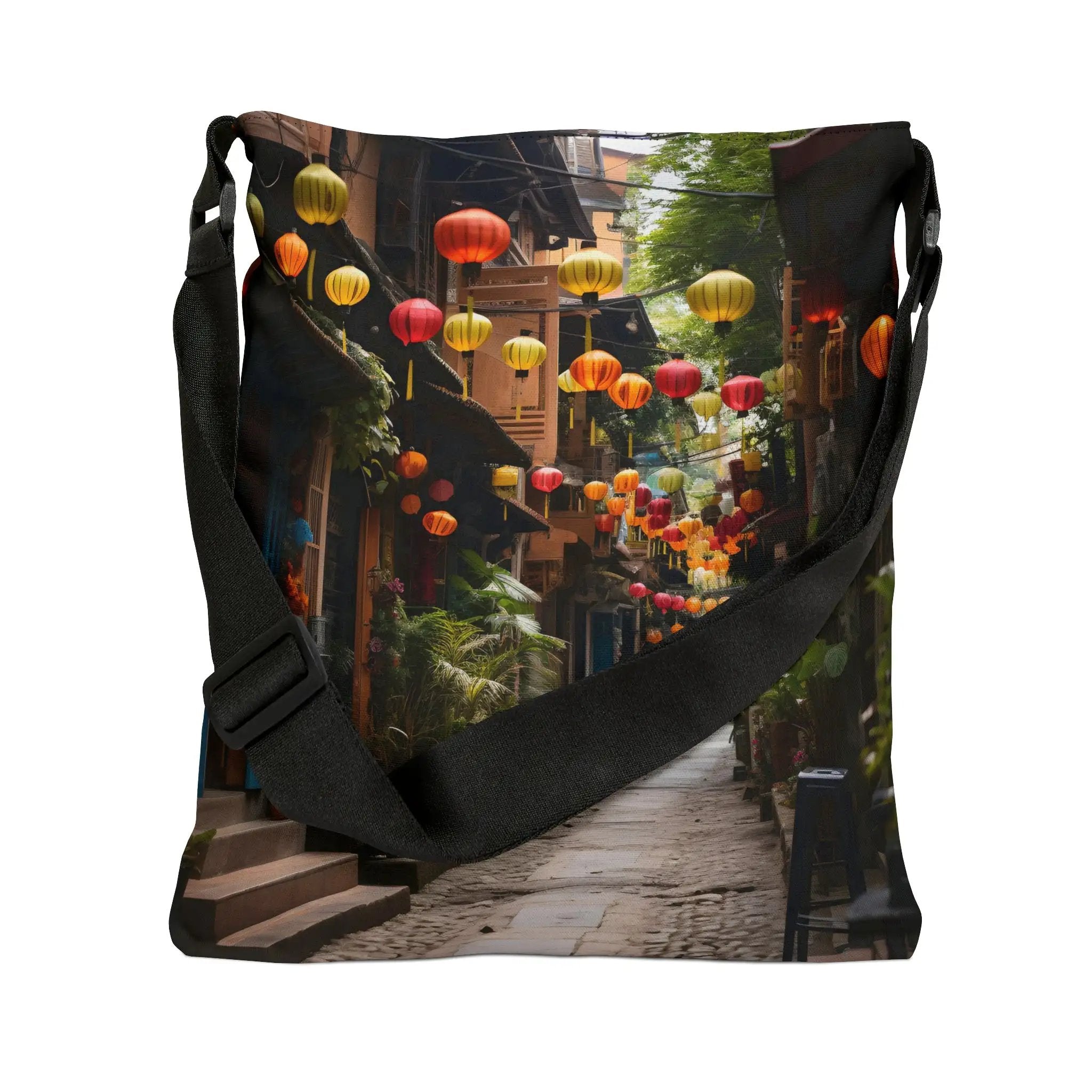 Weekender tote bag | a picture of a street with lanterns hanging from it