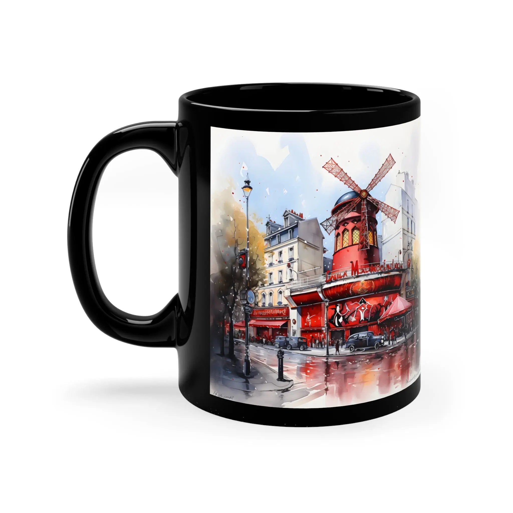 Mugs coffee | a black coffee mug with a painting of a windmill