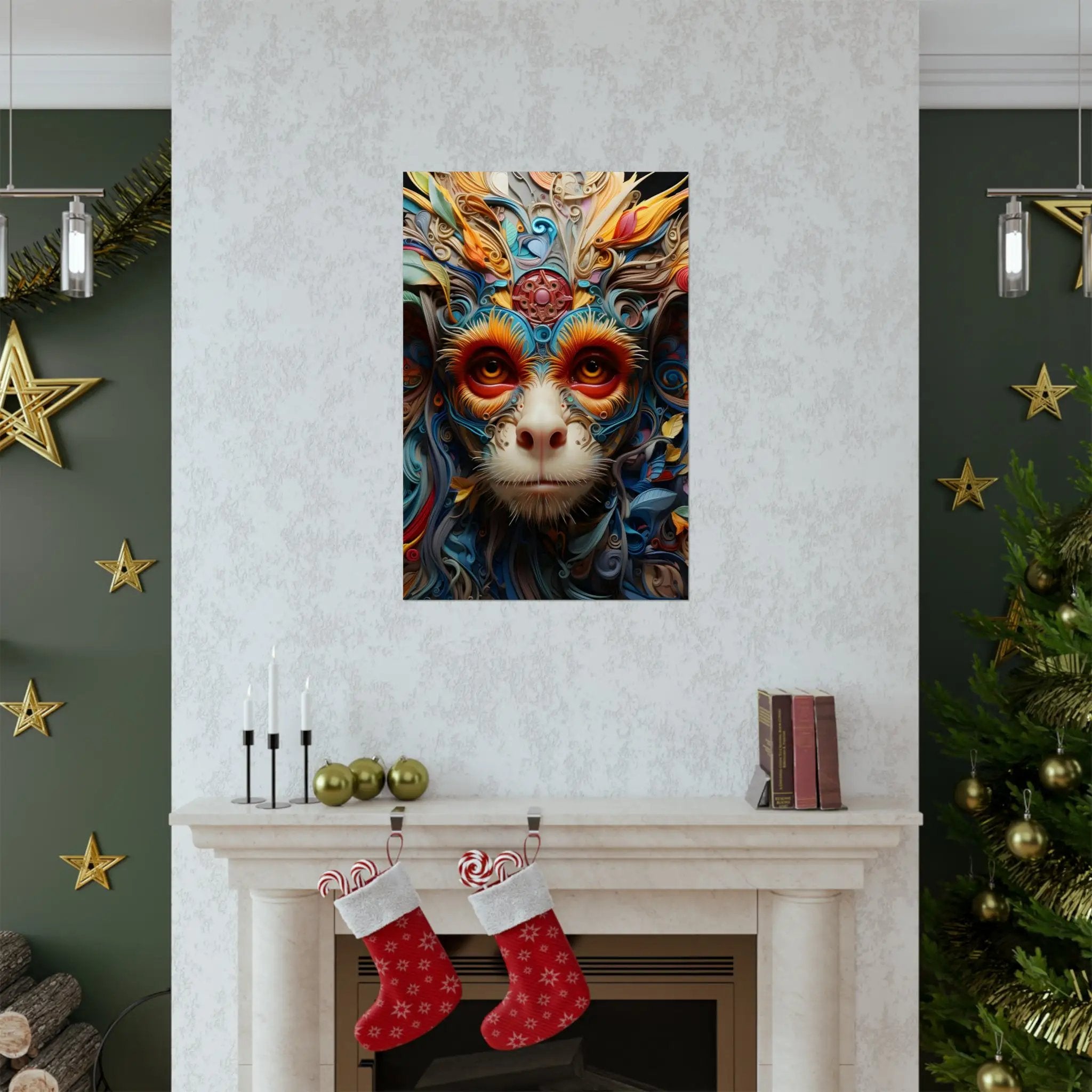 Kawaii Posters | a painting of a monkey on a wall above a fireplace