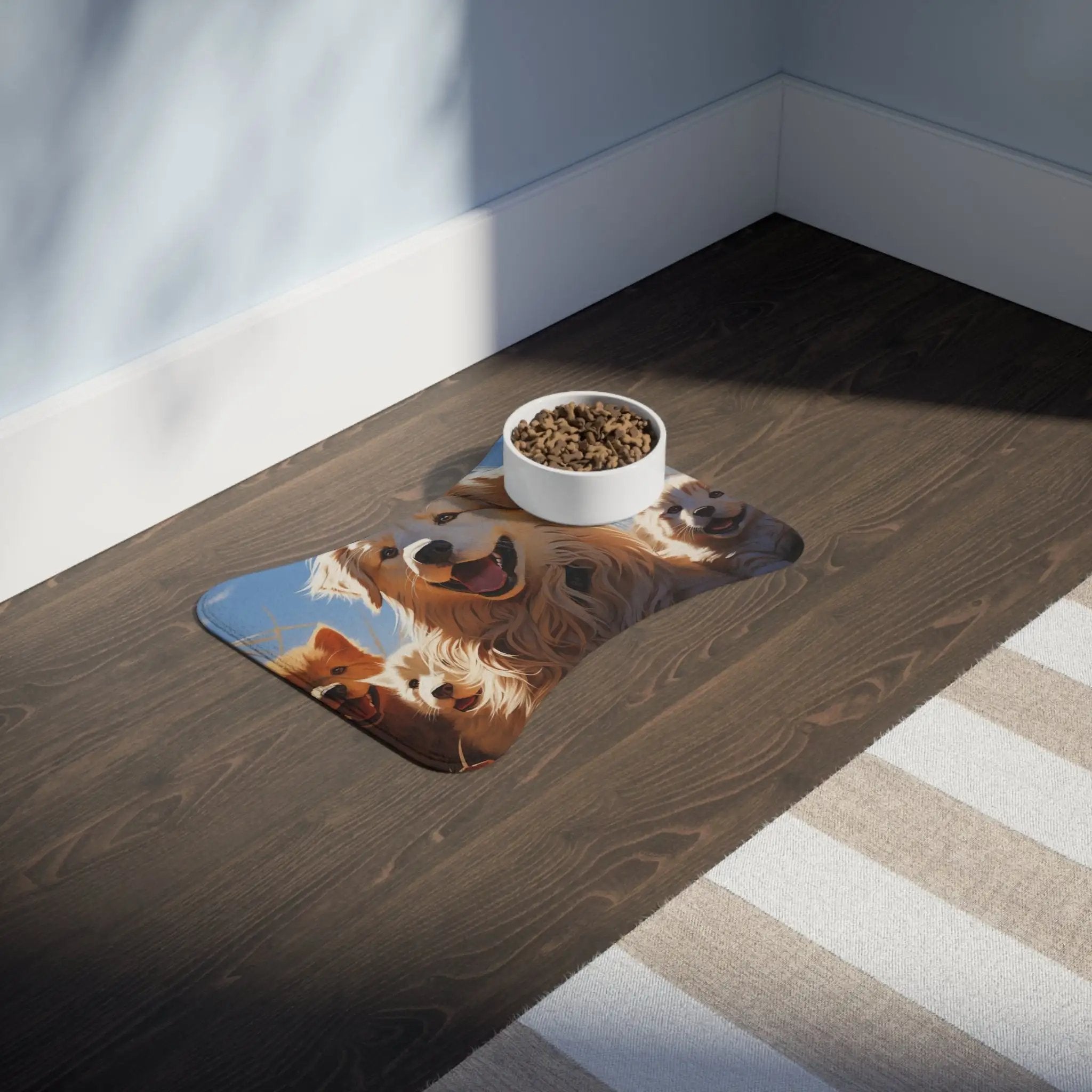 Pet Feeding Mats | a dog eating food out of a bowl on the floor